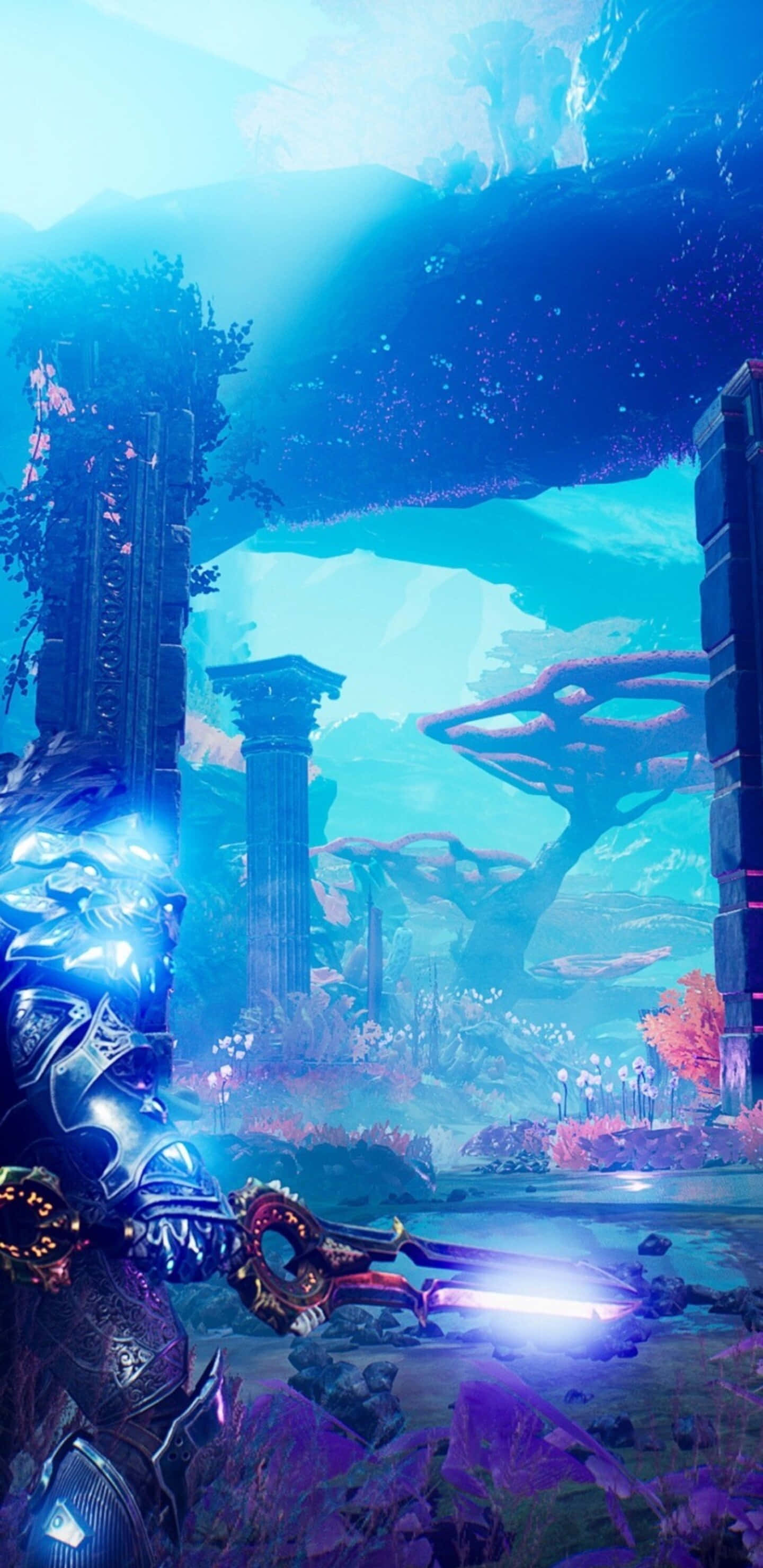 以 Pixel 3XL 的《Godfall》遊戲，逃離現實世界 壁紙 — 一個發光的裝甲戰士在超現實的藍天下，在漂浮岩石形成的古代廢墟中揮舞著一把光芒四射的劍。