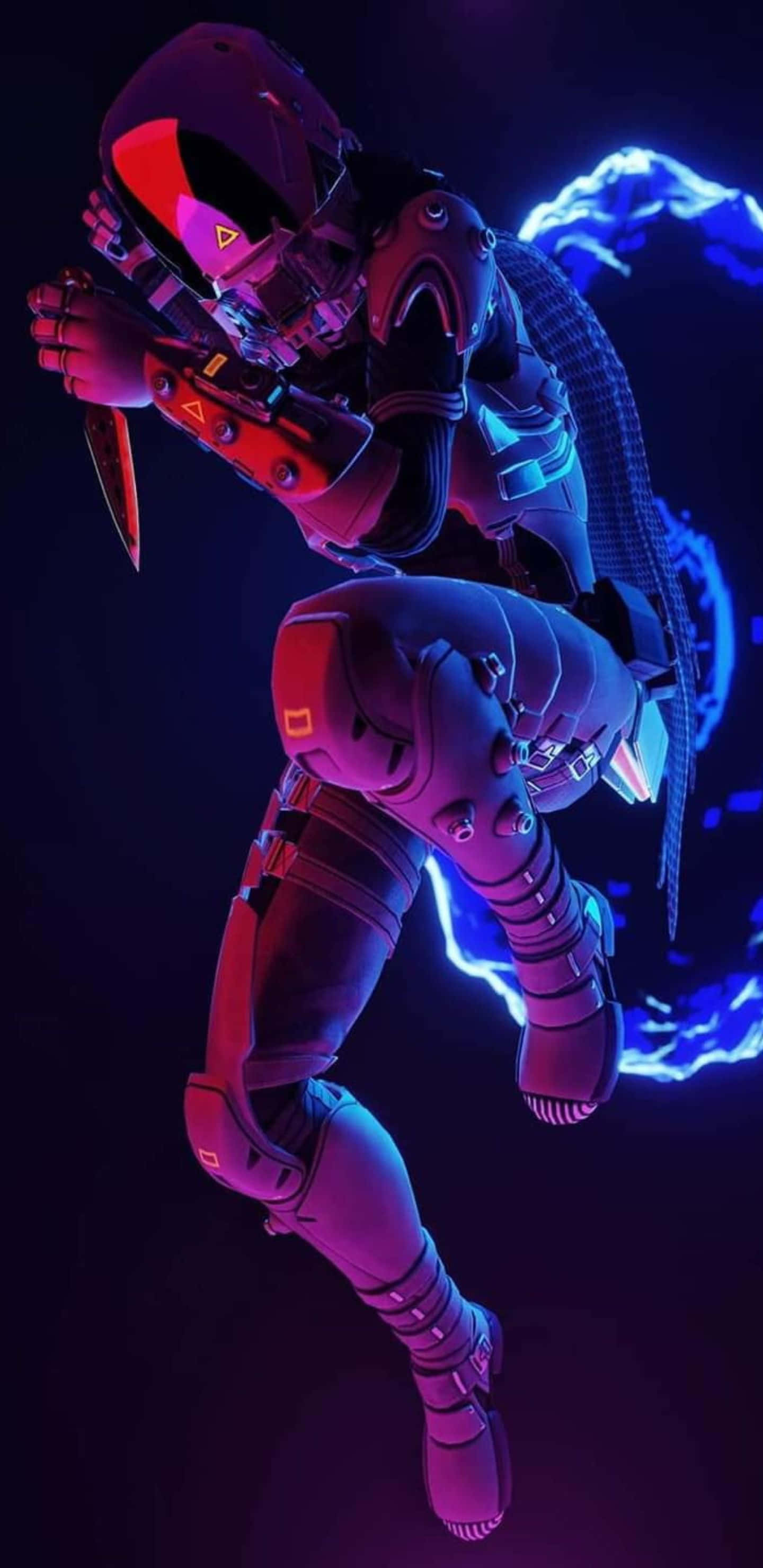 以 Pixel 3XL 與 Apex Legends 解鎖您的真實遊戲潛能 壁紙 — 一位身穿紅藍霓虹裝備的未來裝甲戰士，在黑暗的宇宙背景下，伴隨著發光的能量效果，動態跳躍。