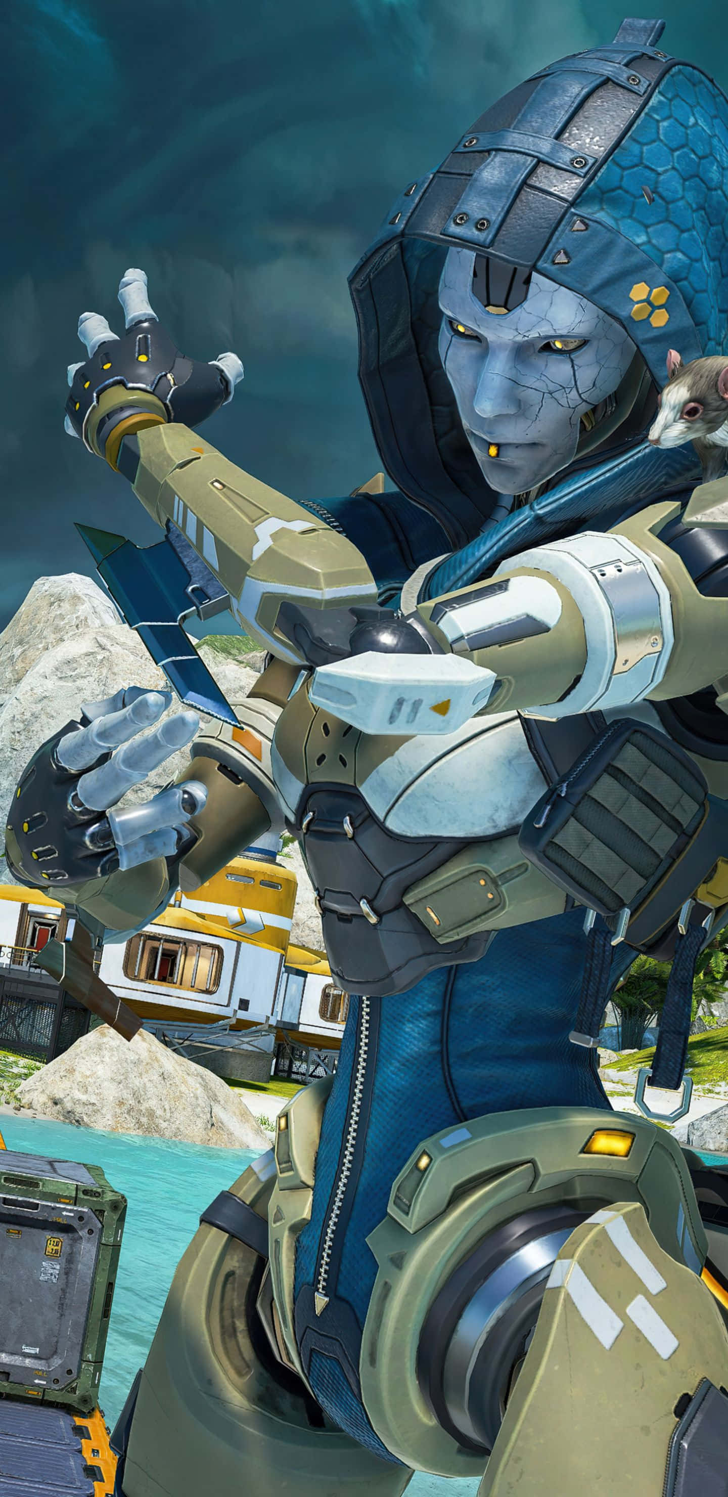 以 Pixel 3xl 與 Apex Legends 準備最震撼的戰鬥 壁紙 — 一個藍皮膚的外星戰士穿著未來裝甲，手持刀刃，肩上站著一隻小嚙齒動物，背景是岩石海岸。