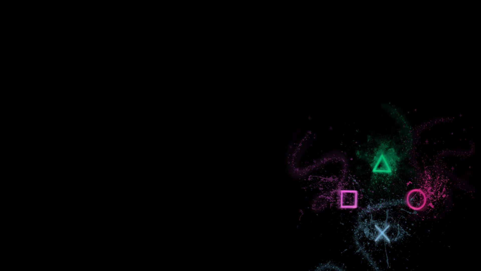 霓虹 PlayStation 符號在黑暗空間中漂浮，帶有閃爍的粒子。