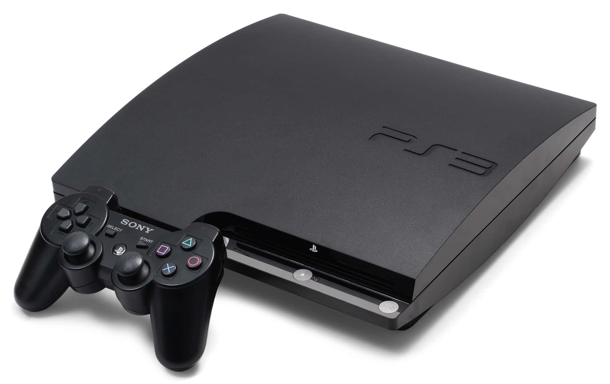 以 PlayStation 享受前所未有的遊戲體驗 壁紙 — 一部時尚的黑色 PlayStation 3 主機及其控制器在明亮的攝影棚燈光下放置在潔白的表面上。