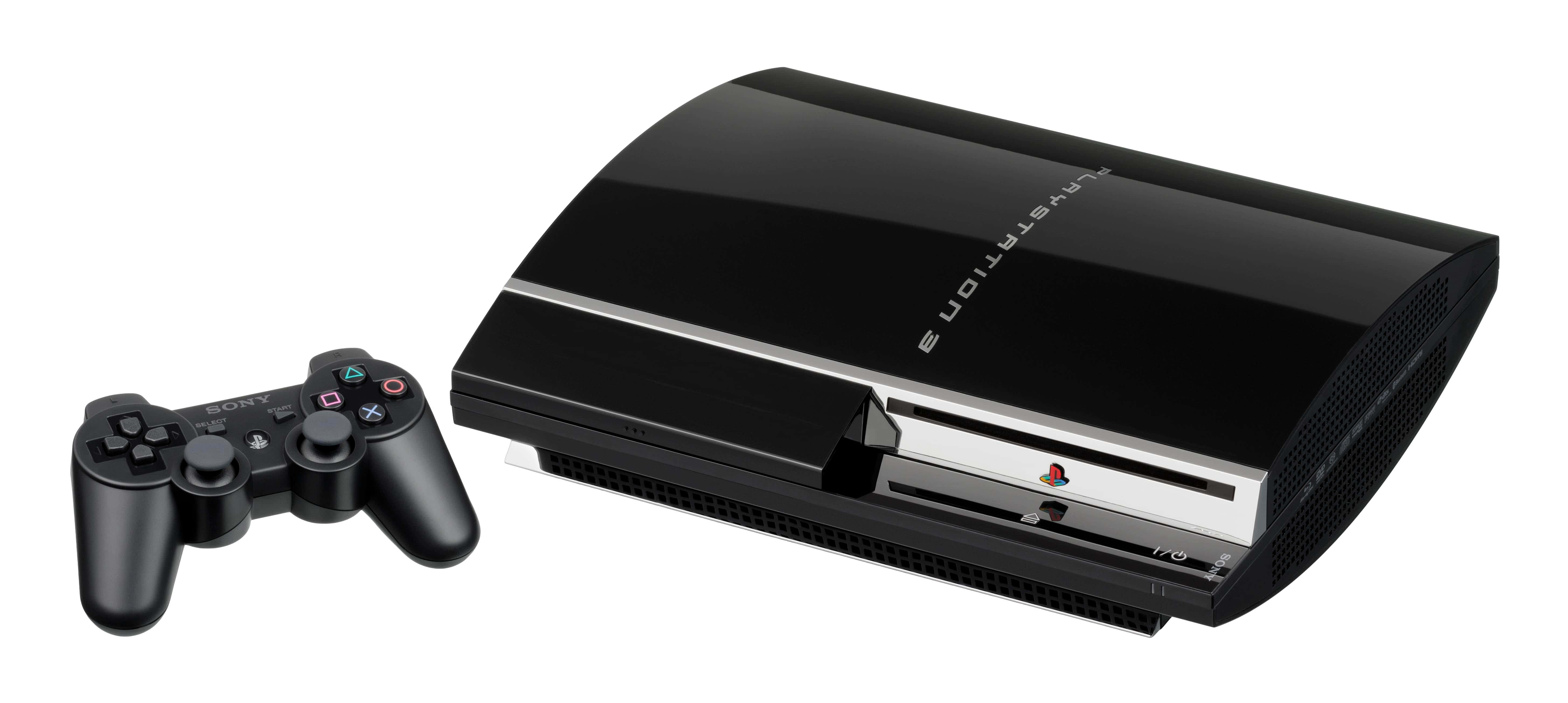 以 PlayStation 沉浸於遊戲樂趣 壁紙 — 一部時尚的黑色 PlayStation 3 主機和控制器，背景為純白色。