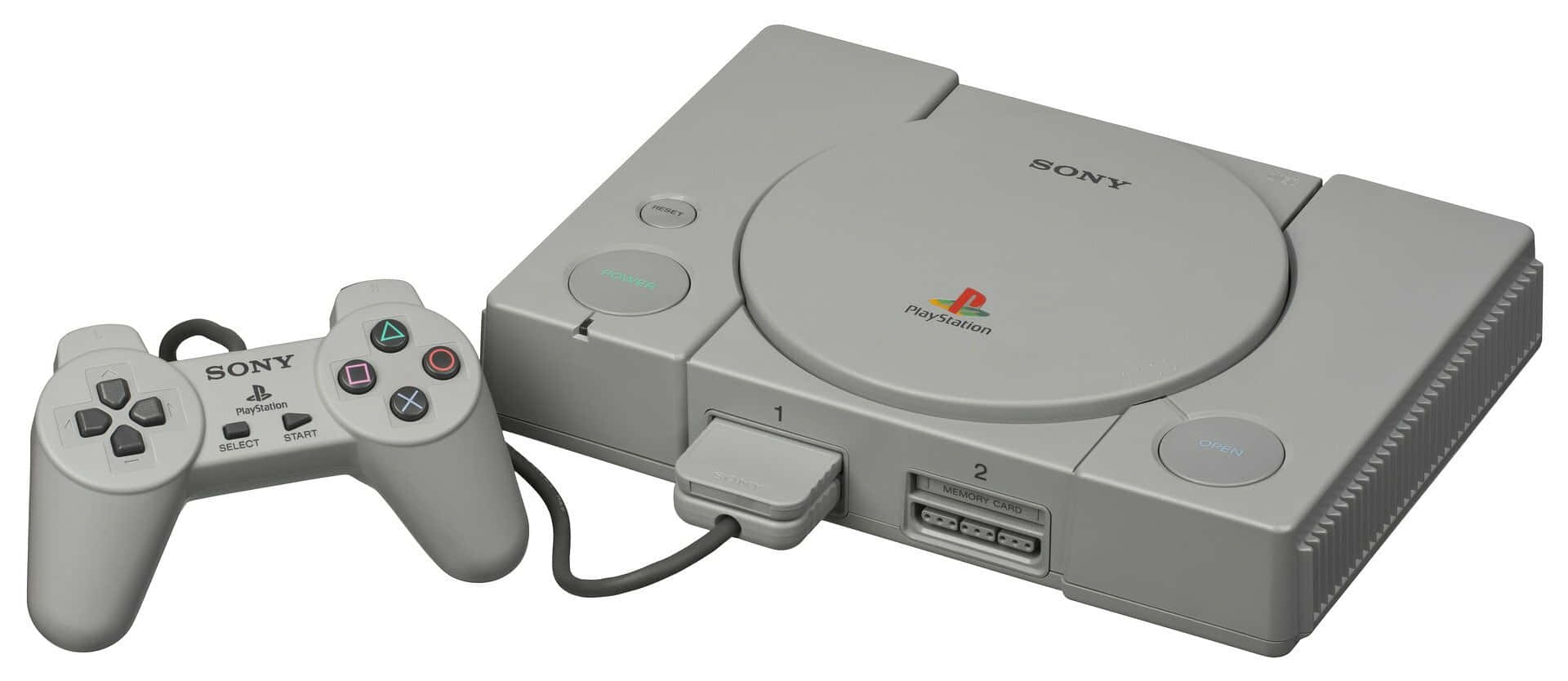 以 PlayStation 解鎖更多可能性 壁紙 — 灰色Sony PlayStation 1主機連控制器，白色背景。