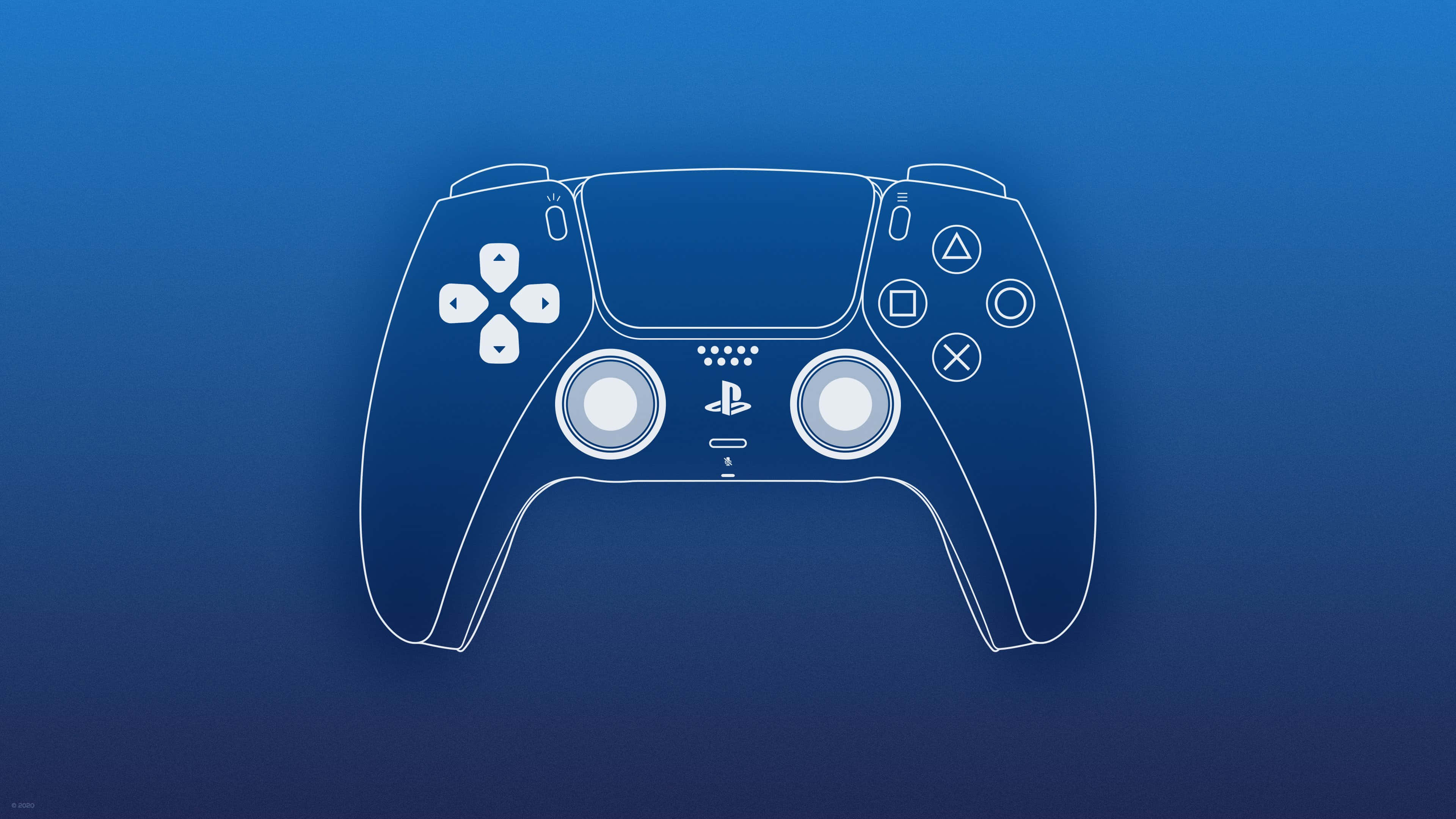 以 PlayStation 進入想像力的世界 壁紙 — 白色線條藝術PlayStation控制器輪廓在漸變藍色背景上發光。