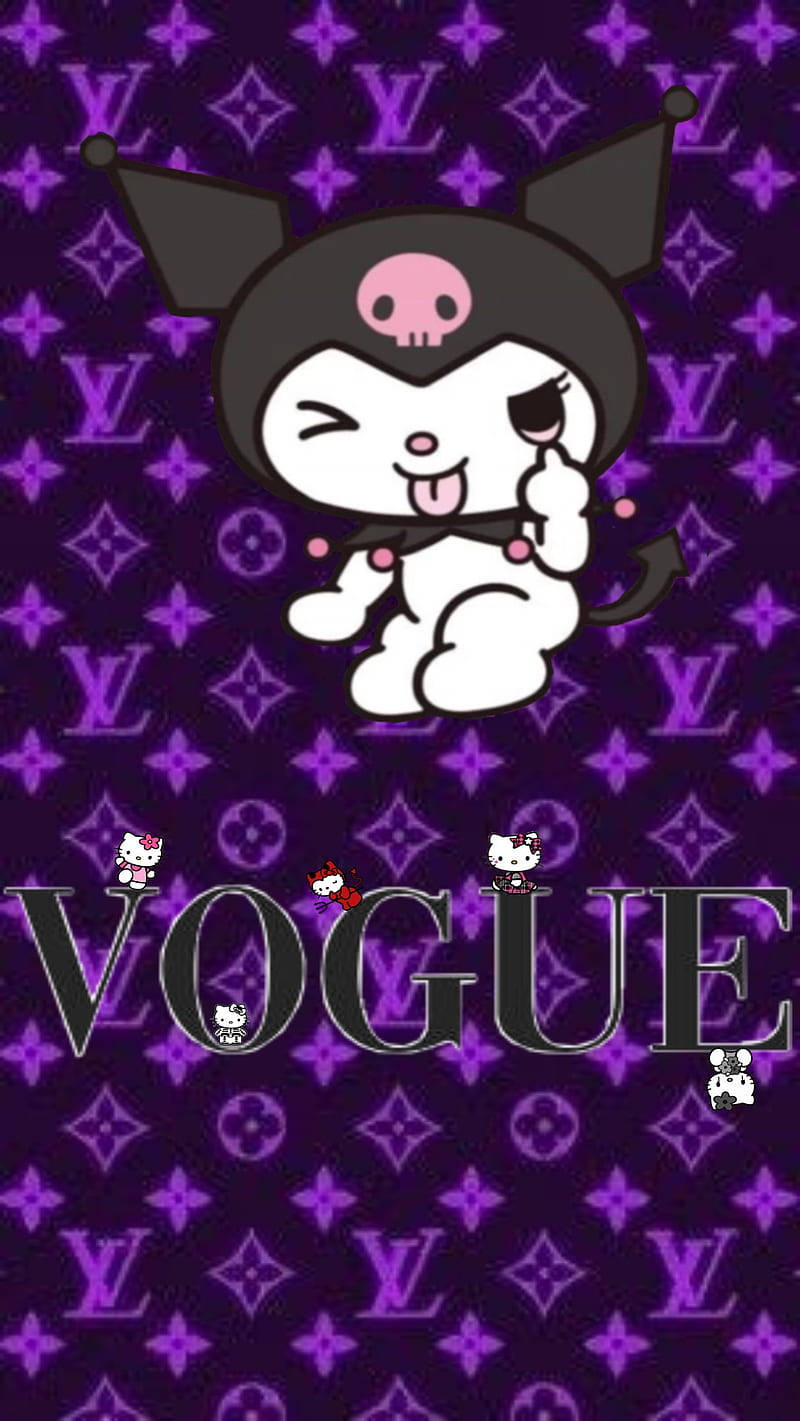 Kuromi卡通角色在帶有Vogue文字的紫色LV圖案上眨眼吐舌。