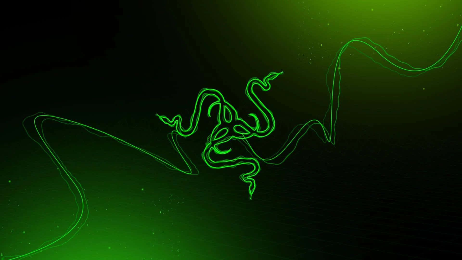 在深色漸變背景上帶有粒子效果的發光綠色 Razer 蛇標誌。