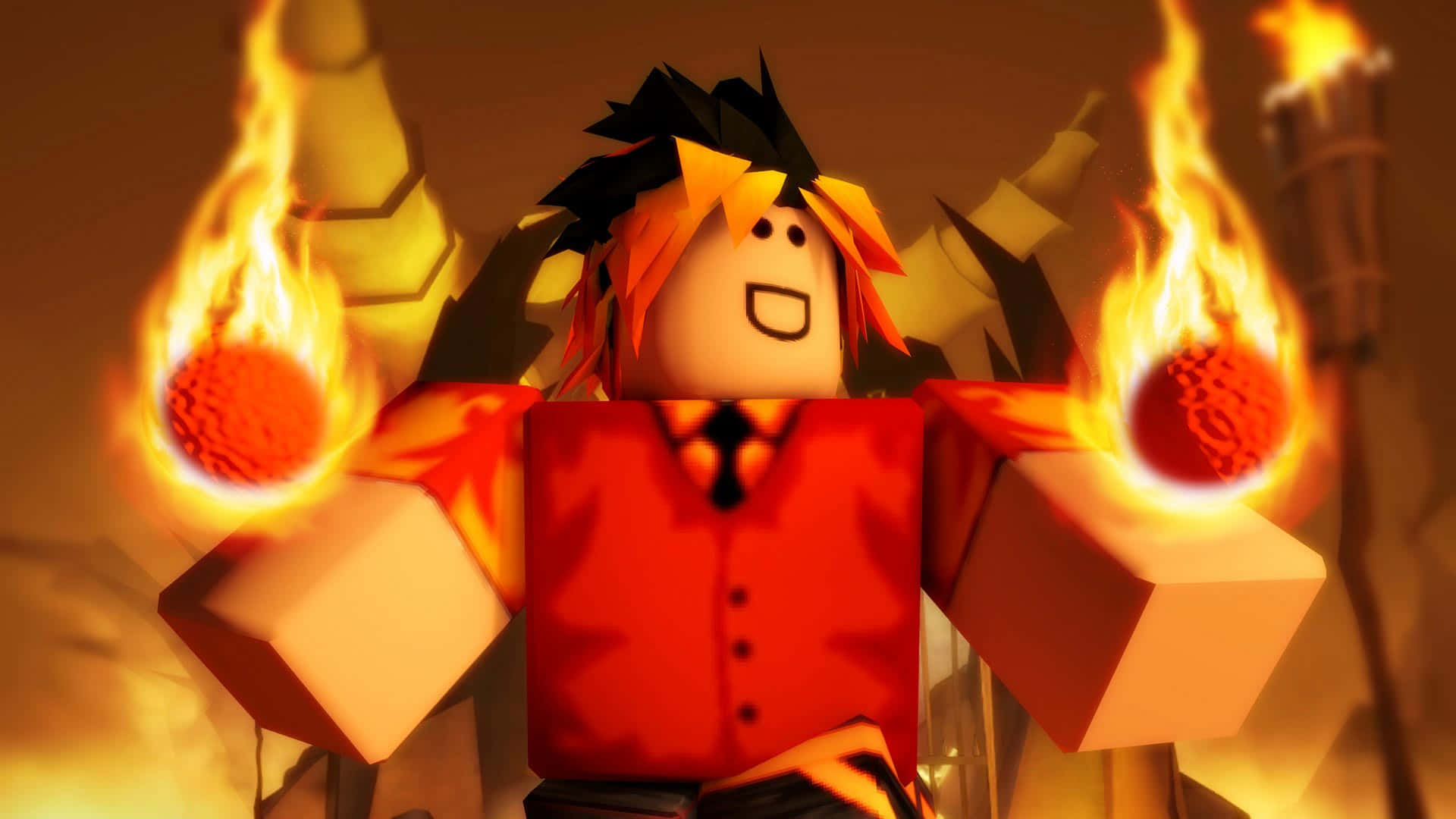 Roblox角色手持火焰球體，頭髮尖刺，身穿紅色襯衫。