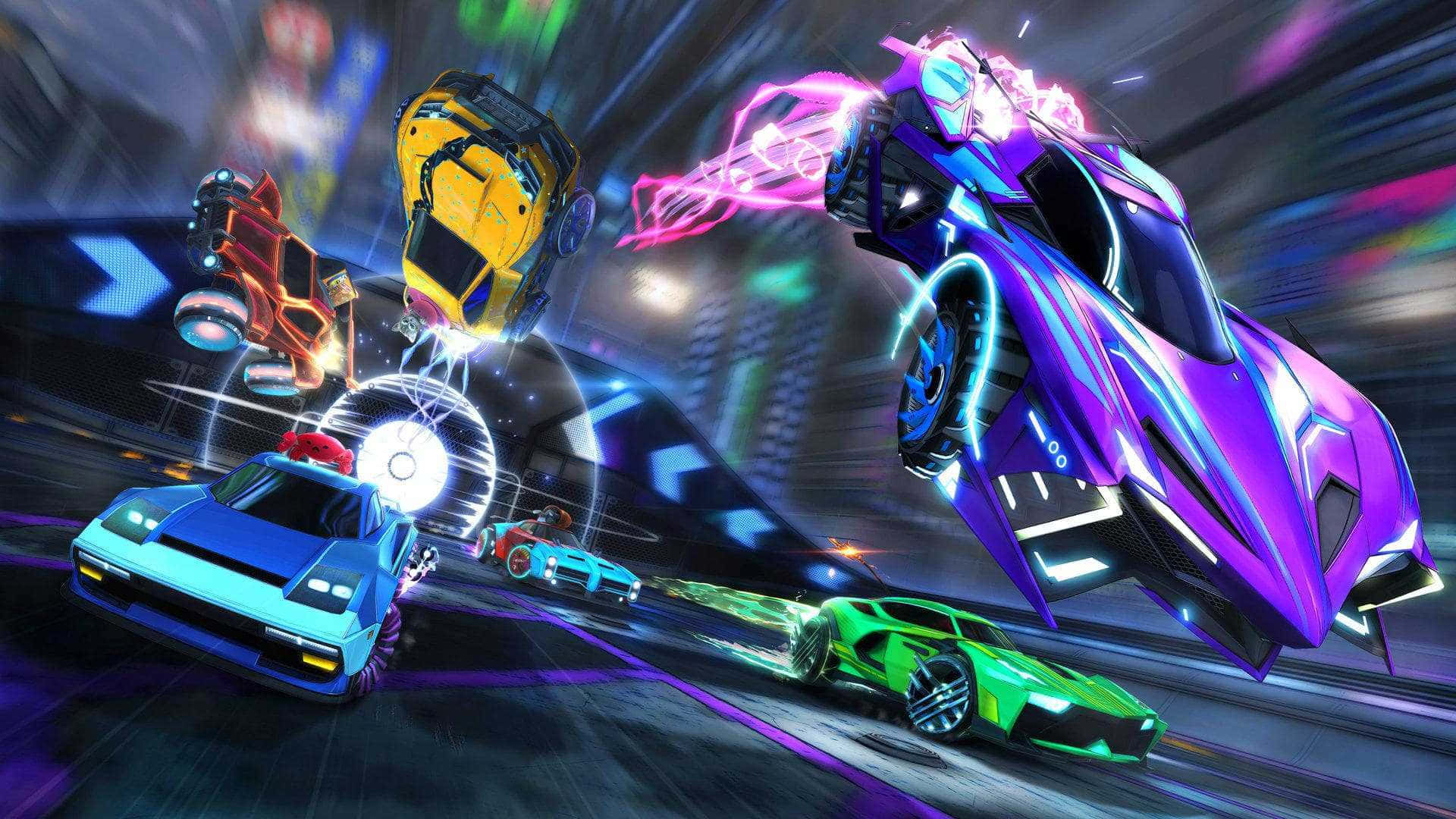 以 Rocket League 突破自我，贏得勝利 壁紙 — 充滿活力的霓虹燈賽車在未來城市賽道上飛馳，留下發光軌跡和動態模糊效果。