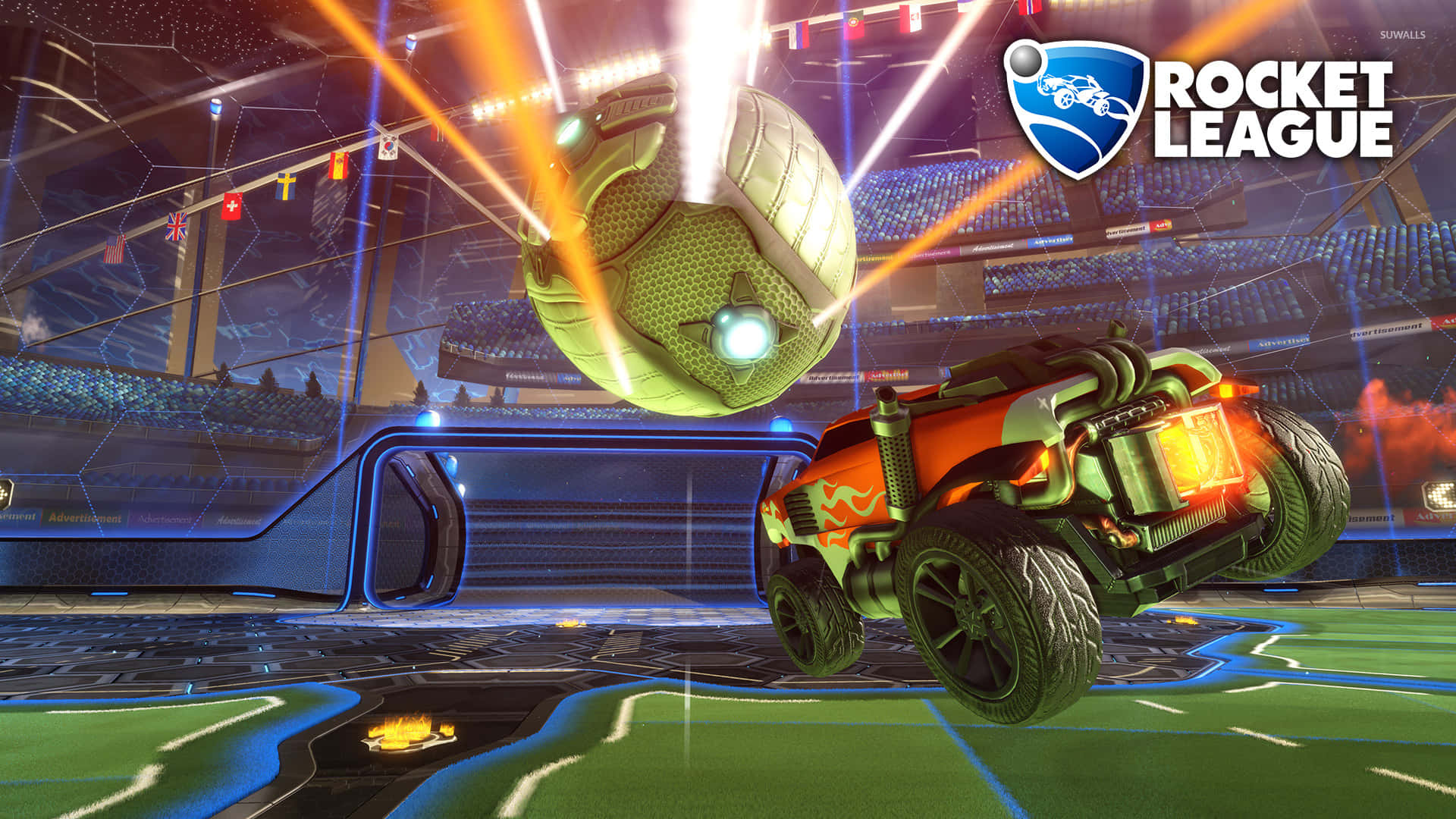 以 'Rocket League' 燃亮黑夜 壁紙 — 一輛火熱的橙色火箭車在霓虹燈照亮的競技場中躍起，追逐在體育場燈光下發光的足球。