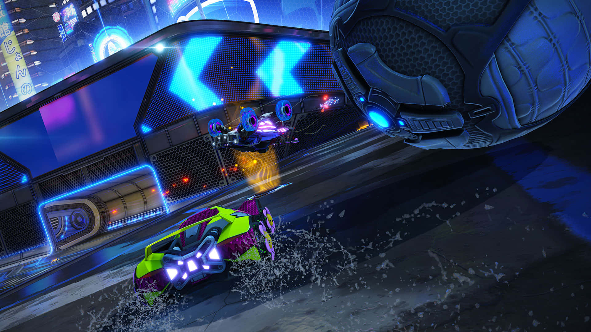 以 Rocket League 飛躍勝利區 壁紙 — 霓虹燈下的未來賽車場景，發光的汽車在夜間穿梭於賽博龐克城市。