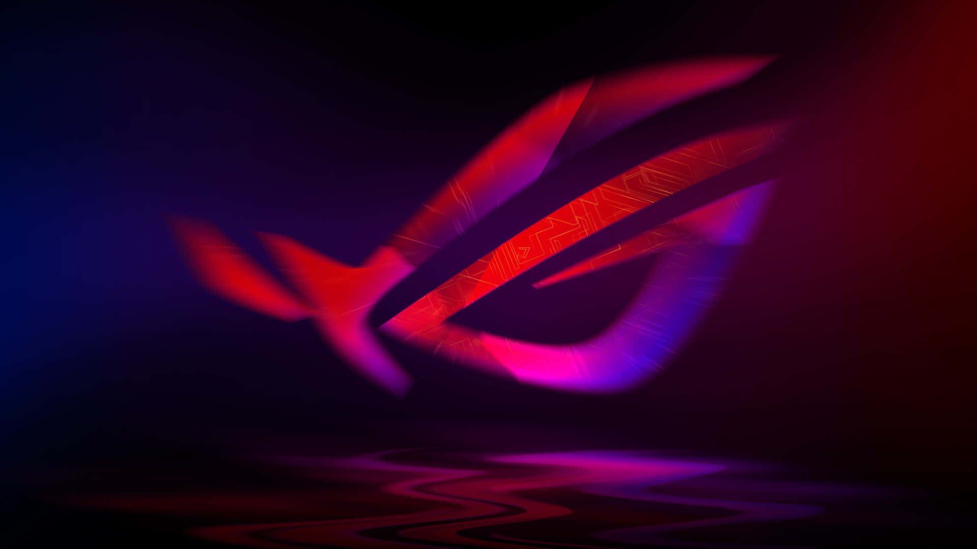 以 ROG 改變你的可能性 壁紙 — 一個發光的紅色和紫色ROG眼睛標誌在黑暗漸變背景上閃爍著霓虹光，下方有反射表面。