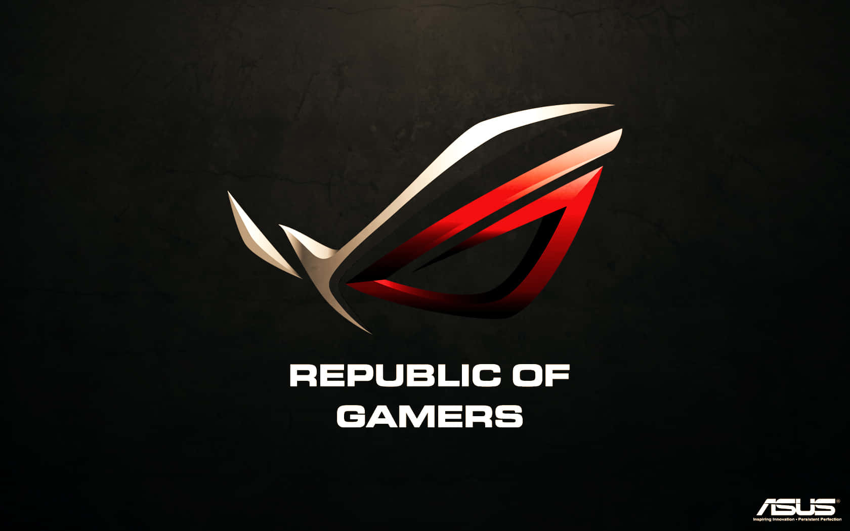 以 ROG 最頂尖組件提升遊戲表現 壁紙 — 時尚的紅銀色ROG標誌在深色紋理背景上發光，下方有白色文字。