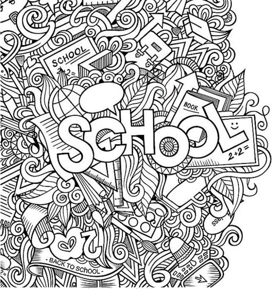 塗鴉 桌布 壁紙 — 以「SCHOOL」一字為中心的黑白塗鴉藝術爆炸，周圍環繞著書籍、地球儀、鉛筆和漩渦圖案。