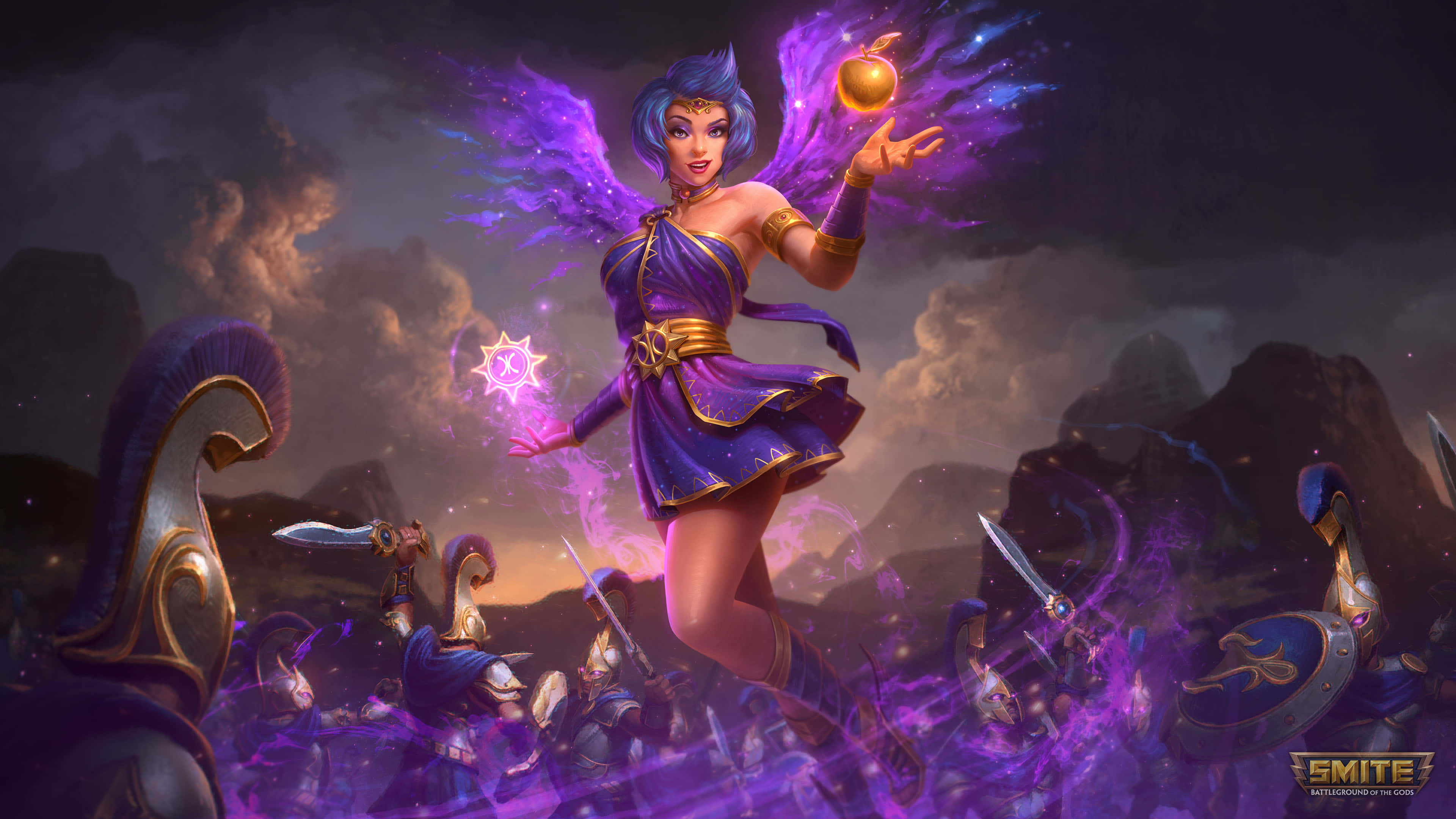 以 Smite 將你的遊戲體驗提升至新境界 壁紙 — 一位紫翼女神身穿飄逸長袍，在暴風雨黃昏的天空下，懸浮於揮舞劍盾的戰士之上。