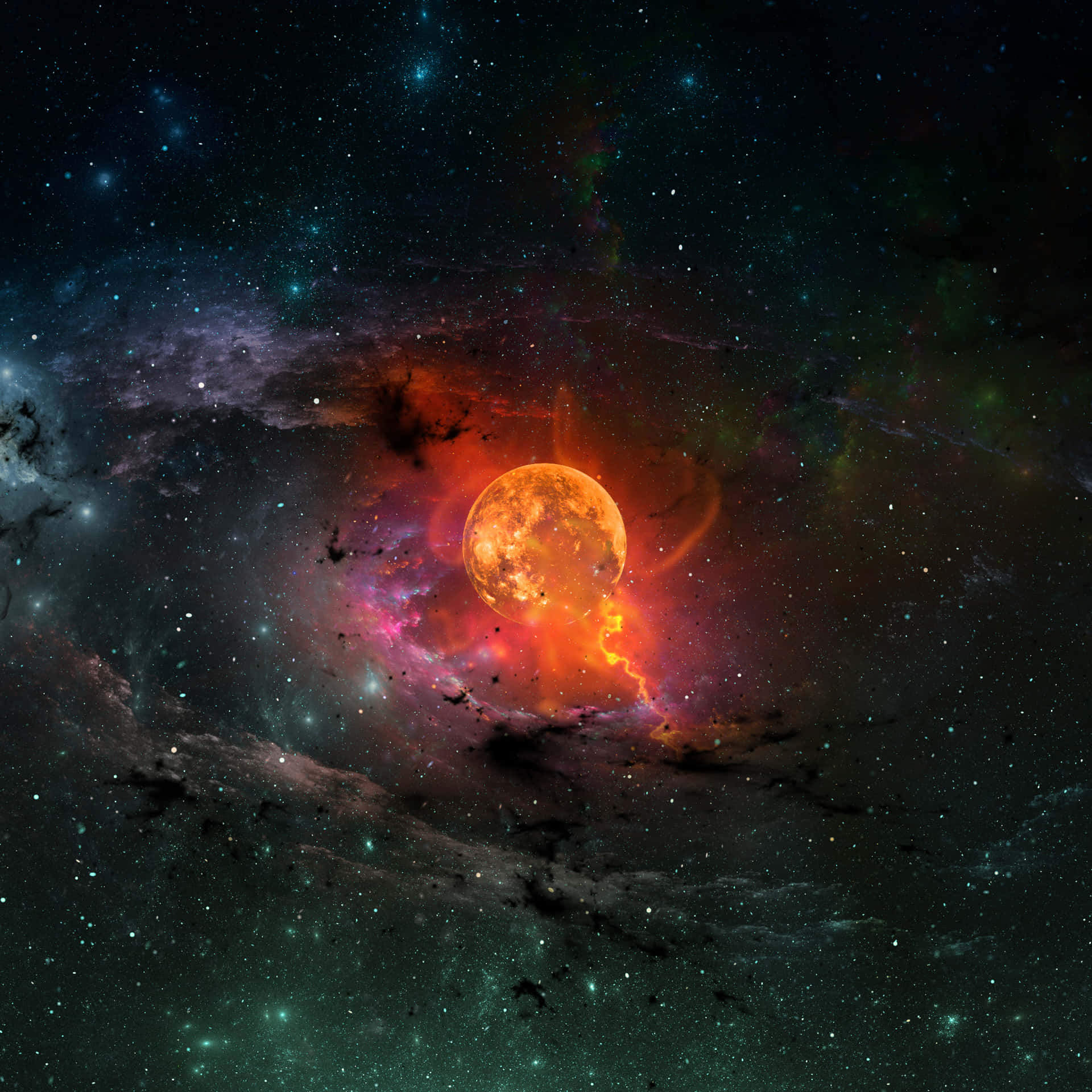 一顆發光的橙色行星，在深空中被熾熱星雲和星星環繞。