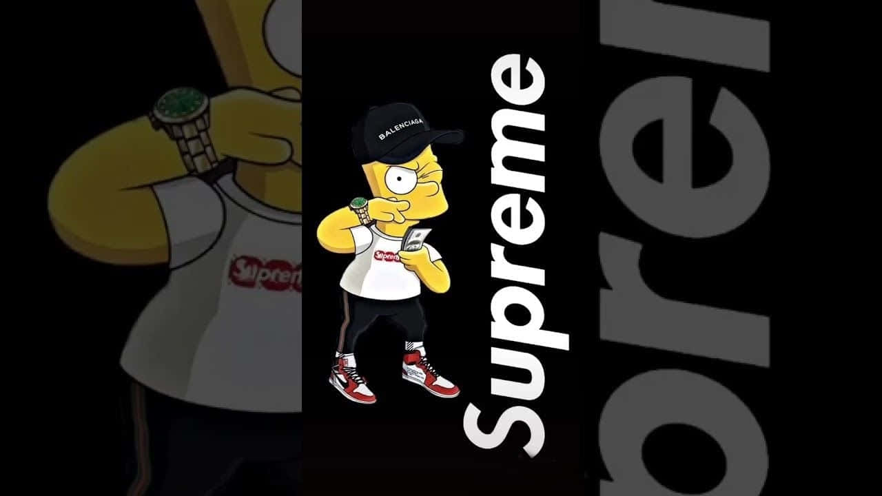 卡通角色穿著Supreme街頭服飾，在標誌背景前擺姿勢。