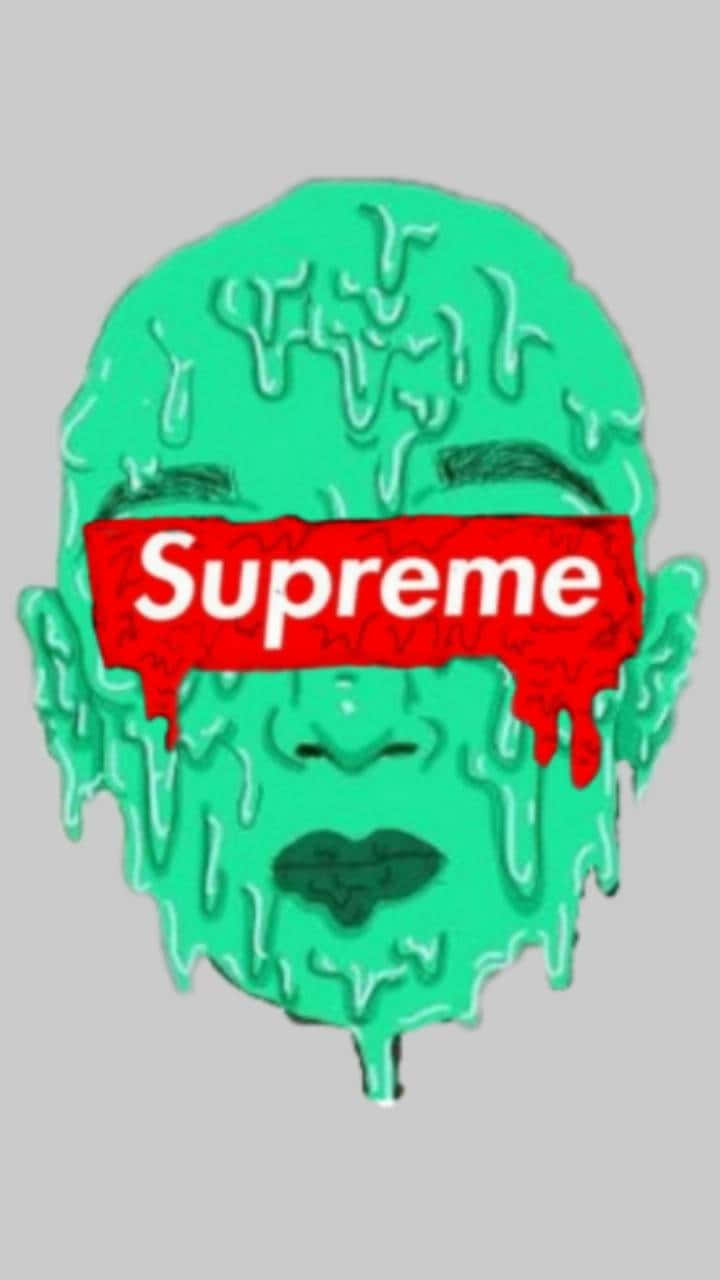 綠色融化面孔，紅色Supreme標誌遮蓋眼睛。