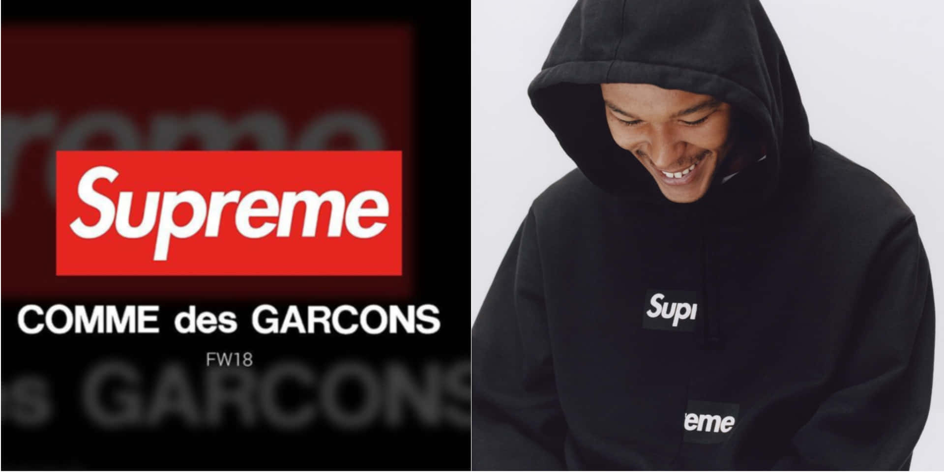 穿著黑色Supreme連帽衫的人在攝影棚微笑