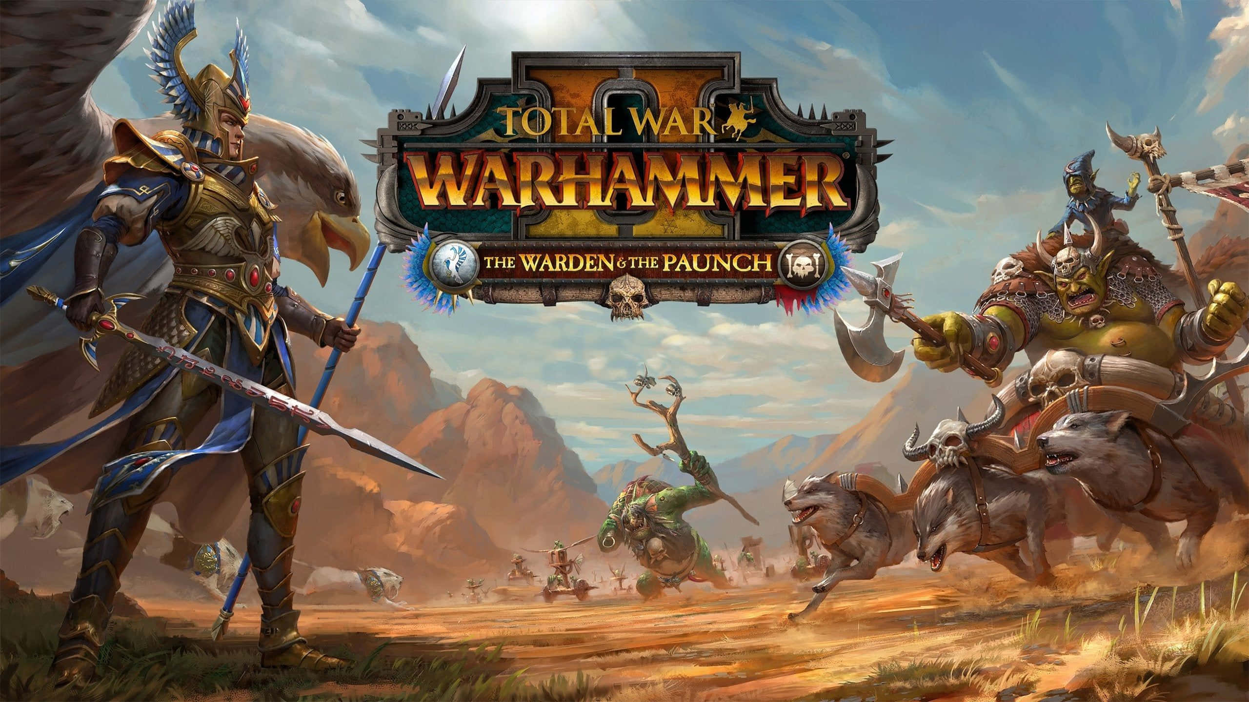 以《Total War Warhammer》帶領軍隊走向勝利 壁紙 — 一個奇幻戰鬥場景，裝甲戰士和怪獸在明亮的天空下衝過沙漠戰場。