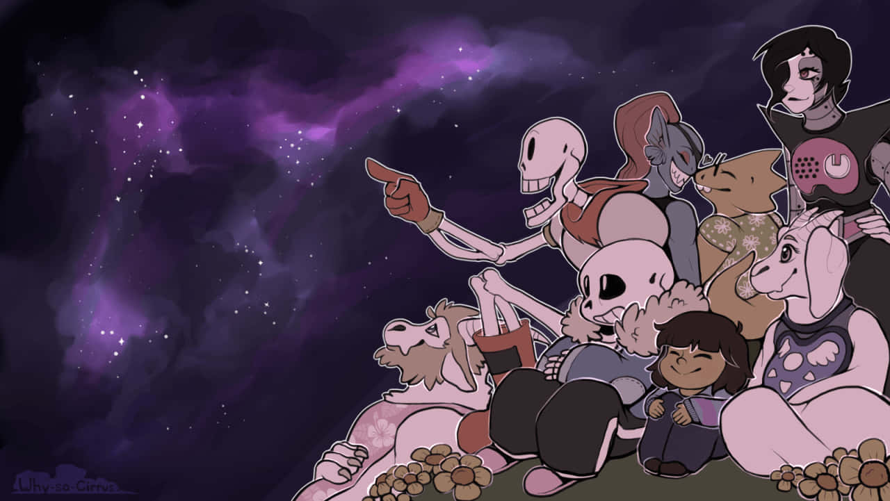 動畫角色在帶有星雲的紫色星空下放鬆。