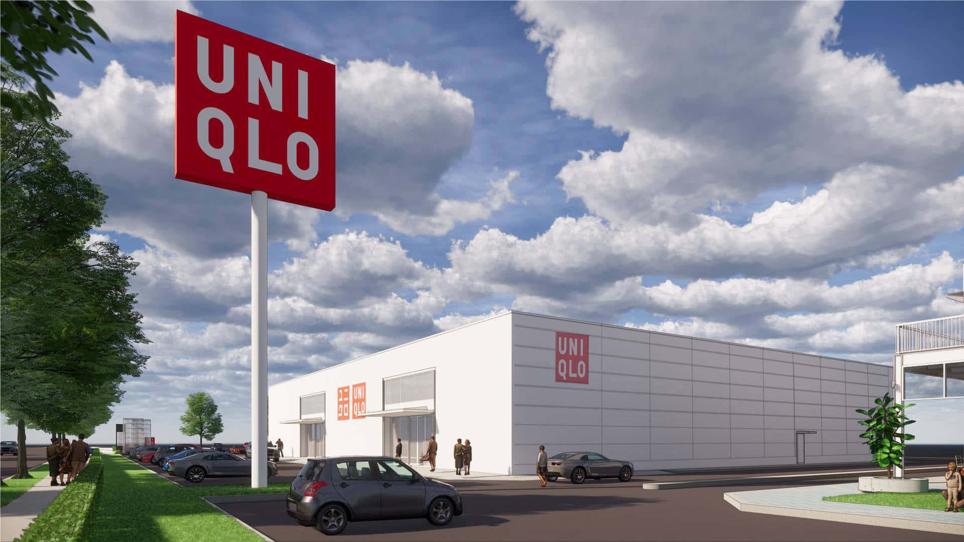 Uniqlo零售店，在陰天天空下，有巨大的紅色標誌和停泊的汽車。