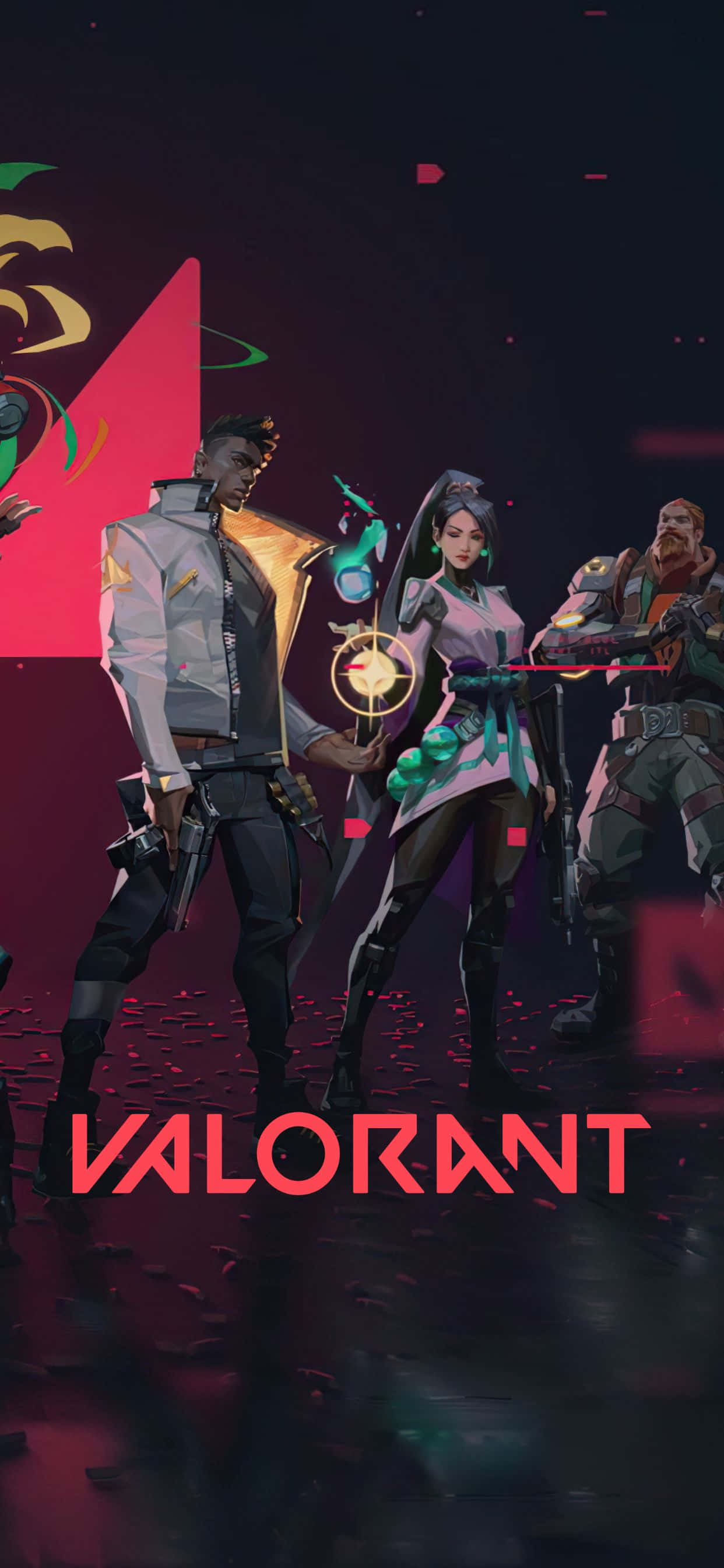 以《Valorant》iPhone Xs Max 掌控你的每一天 壁紙 — 三位Valorant特工站在一個黑暗風格化的競技場中，手持發光武器，並有充滿活力的粉紅色和紅色燈光。
