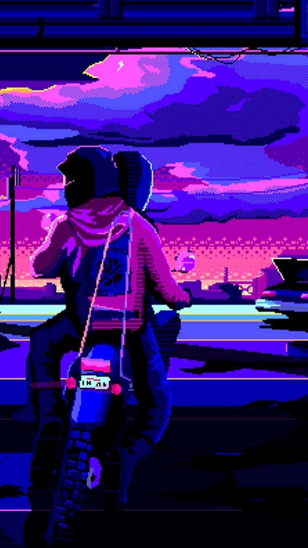 像素騎士騎著電單車，在霓虹紫和粉紅色的日落天空下