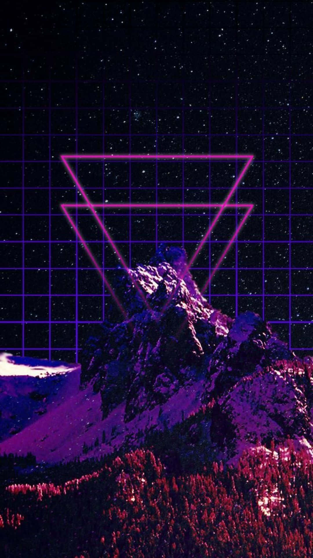 紫色霓虹網格和三角形覆蓋在繁星夜空下的雪山上。