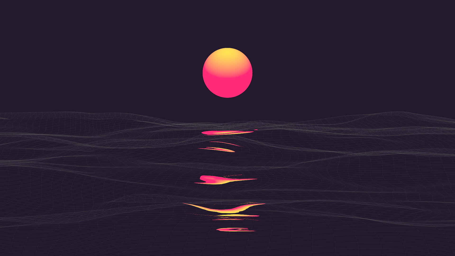 一顆發光的太陽反射在帶有幾何波浪的黑暗線框景觀上。