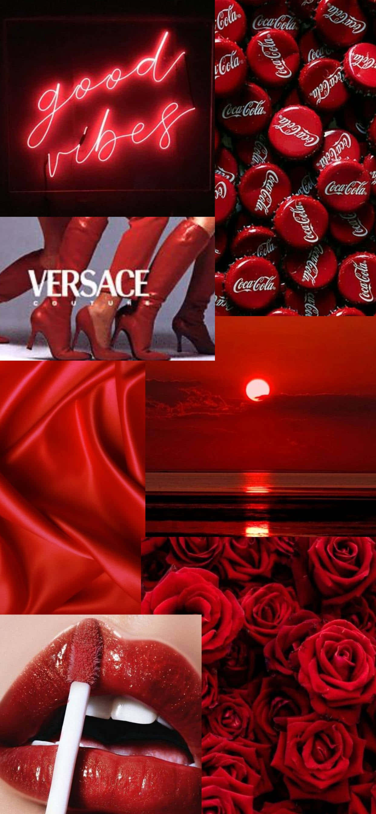 以 Versace iPhone 展現你的風格 壁紙 — 一幅充滿活力的紅色拼貼畫，以霓虹燈牌、奢華高跟鞋、玫瑰、夕陽和光澤嘴唇統一於大膽的單色主題中。