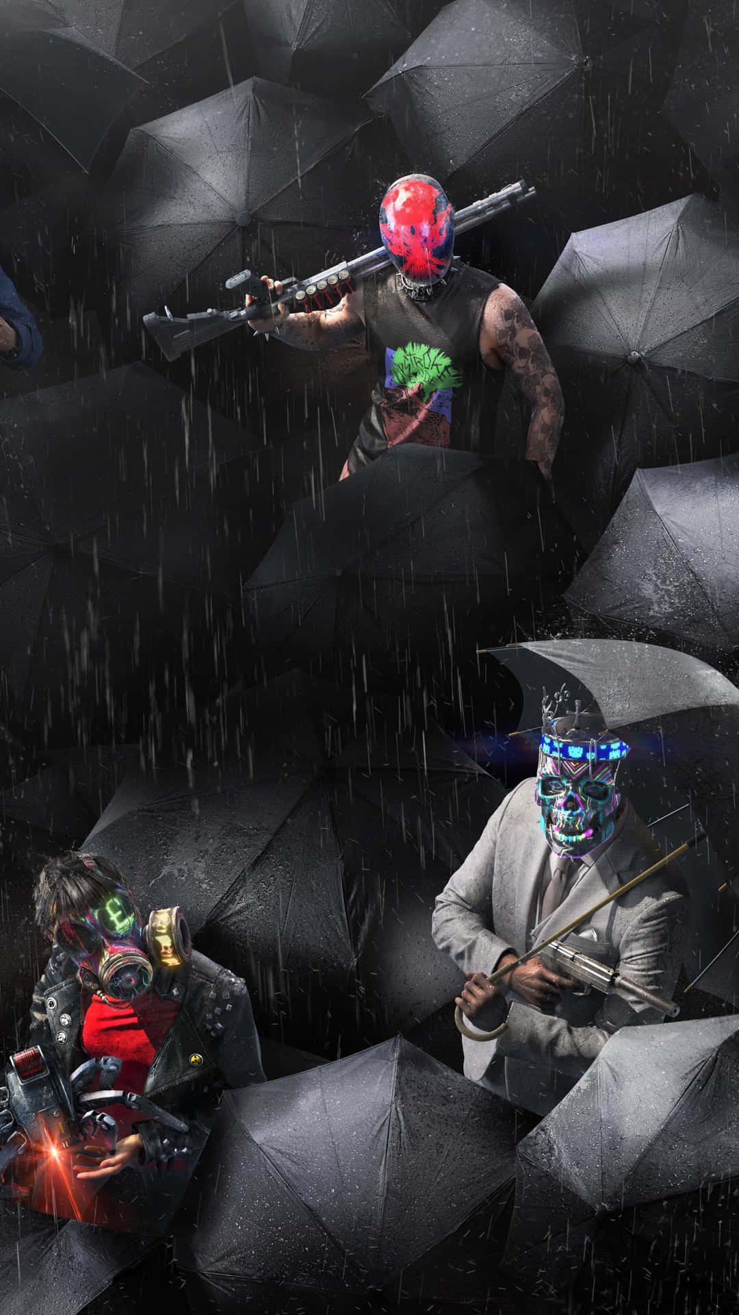 三個戴面具嘅武裝人物喺暴雨中俾黑色雨傘包圍。