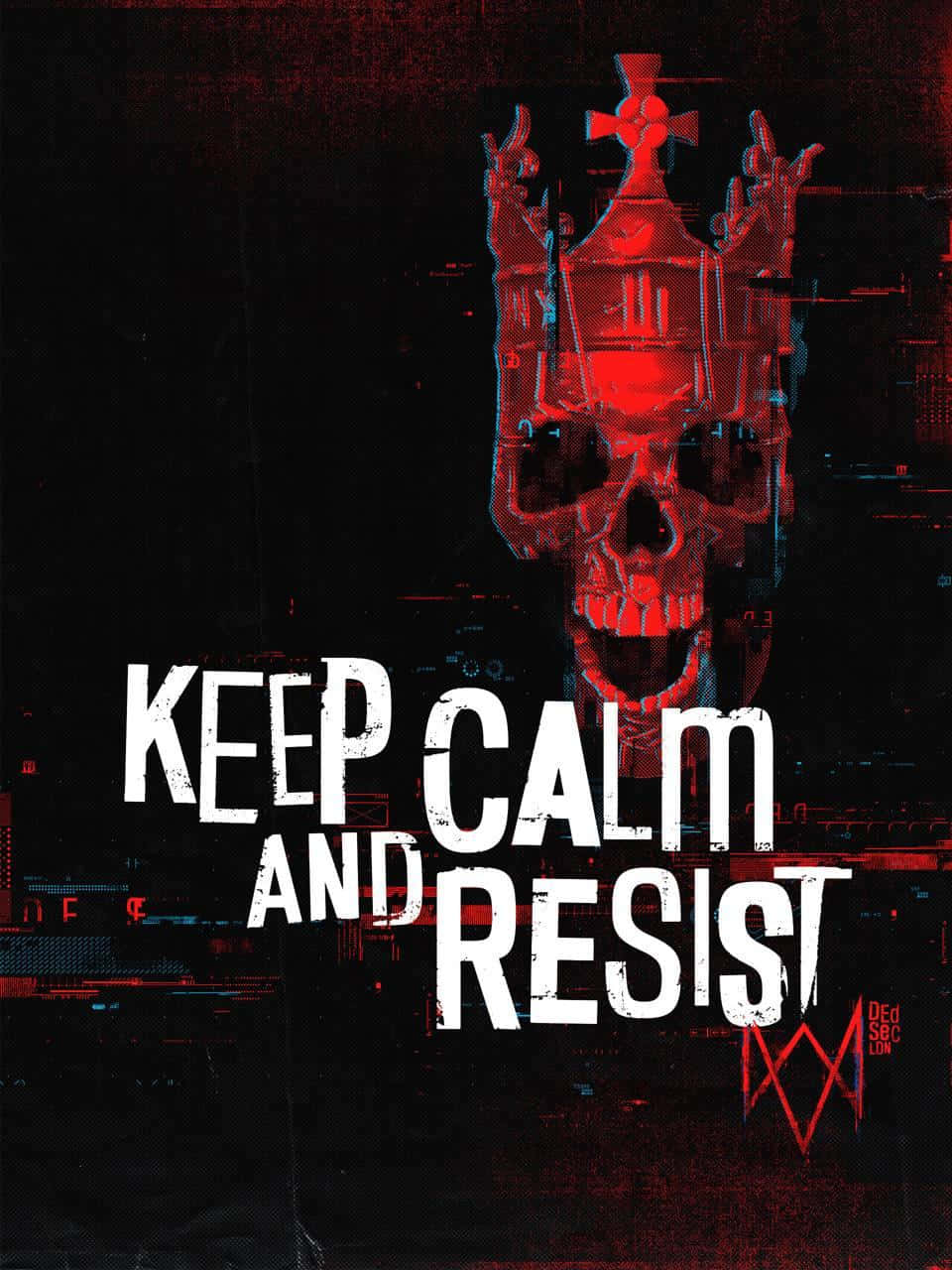 紅色骷髏戴著皇冠舉起雙手，背景為深色數位背景，並有文字「KEEP CALM AND RESIST」。