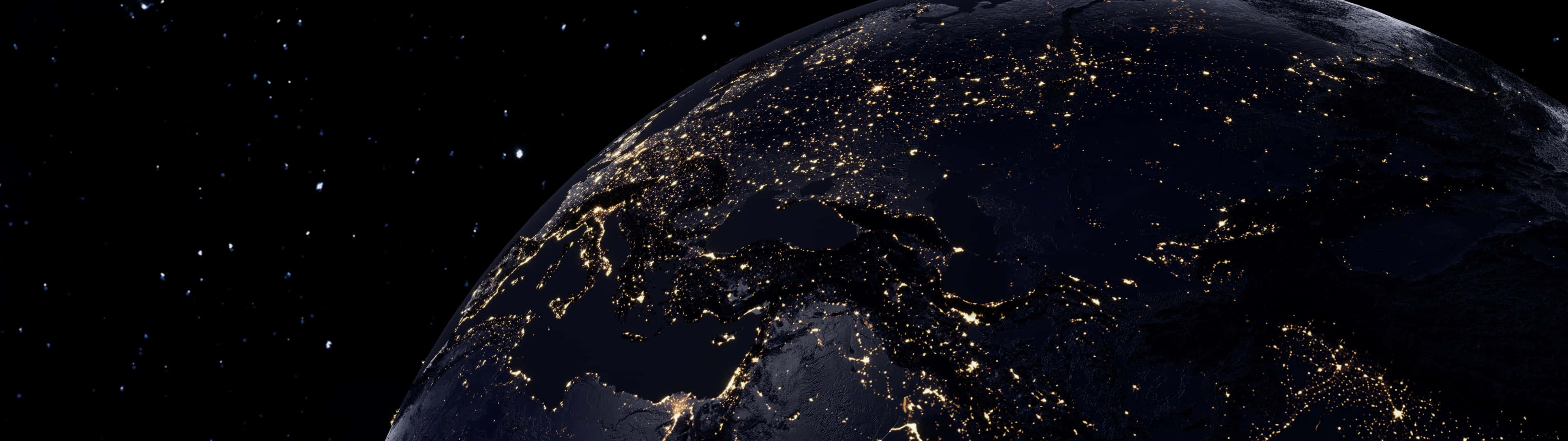 夜晚的地球，從太空可見城市燈光。