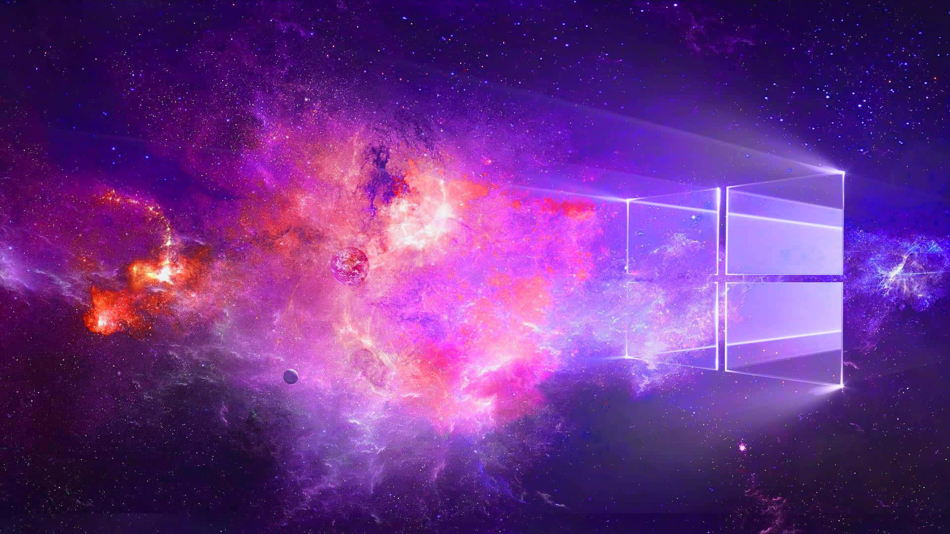 Windows標誌在多彩宇宙星雲中發光，伴有星星