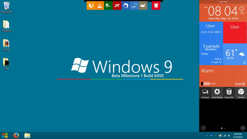 Windows 9 Beta 桌面介面，帶有動態磚和工作列。
