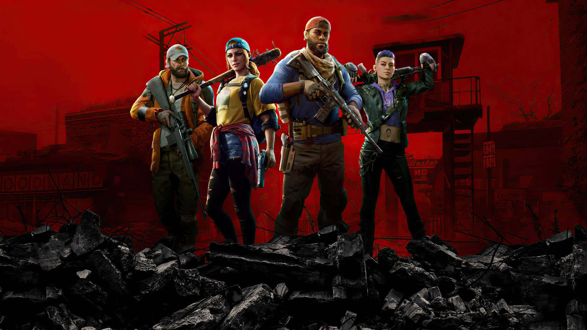 以《Wolfenstein II》主宰戰場 壁紙 — 四名武裝倖存者 defiantly 站在廢墟之上，背景是紅色的毀滅城市景觀。