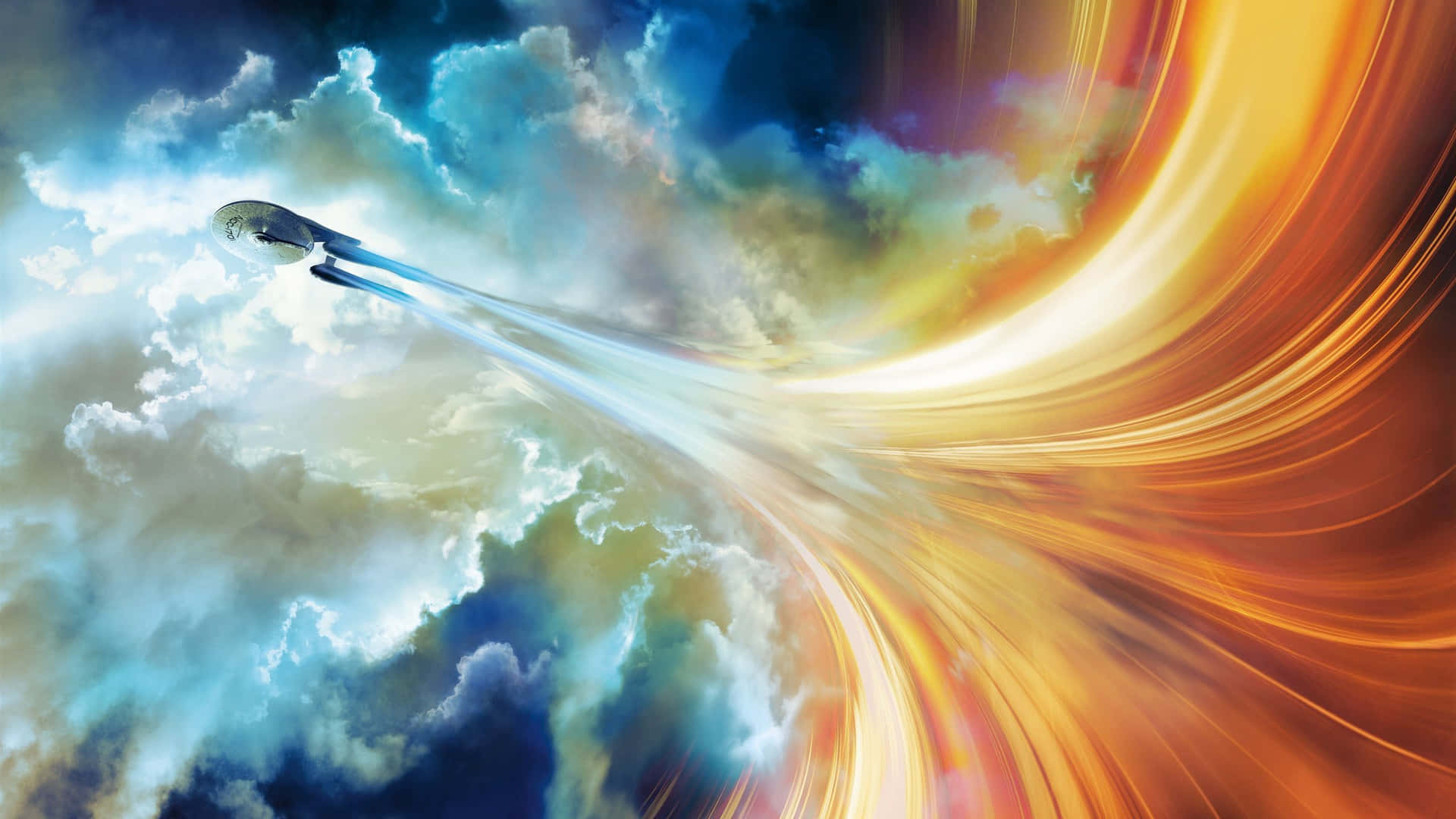 未來太空船飛過彩色雲層，留下發光痕跡。