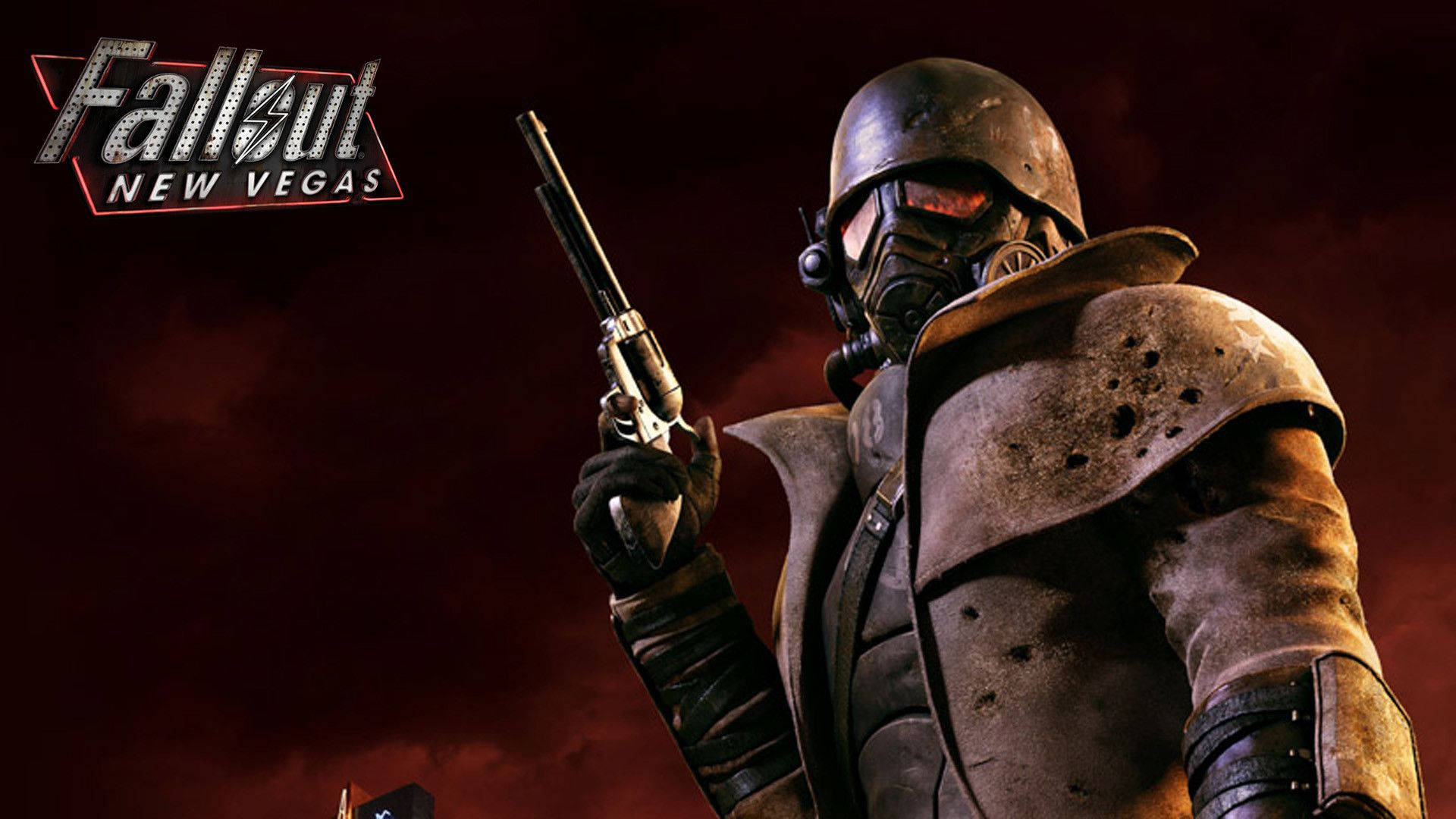 Fallout New Vegas角色穿著動力裝甲，手持左輪手槍，背景是紅色天空。