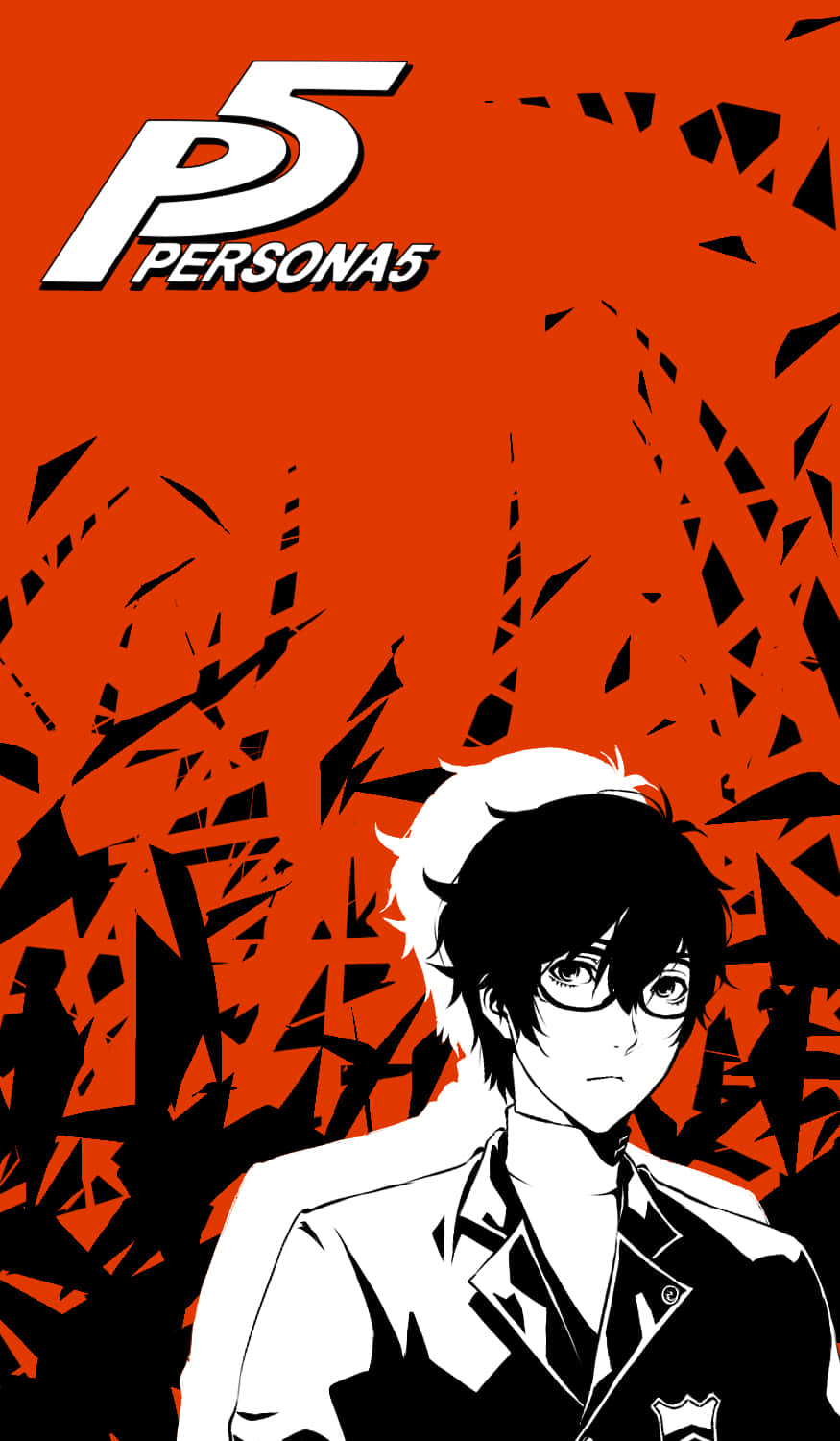 來自Persona 5的動漫角色穿著校服，在橙色和黑色背景前。