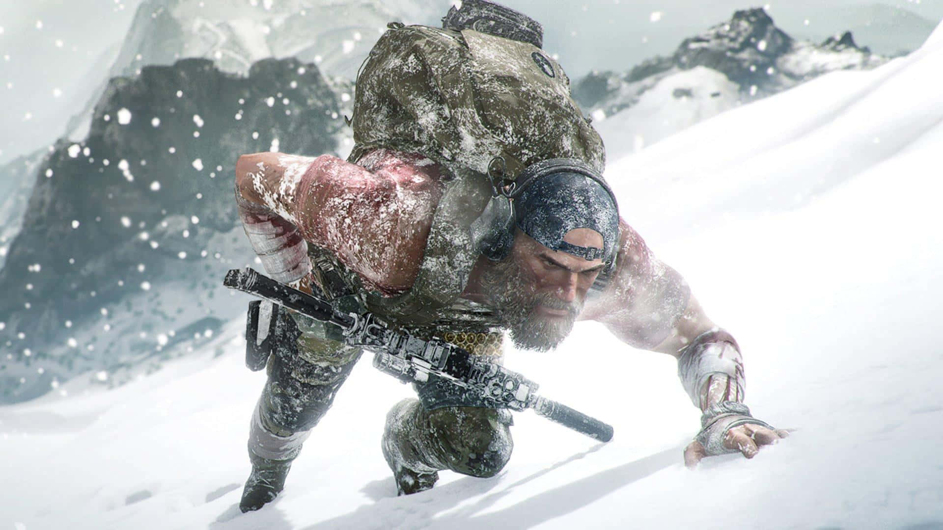 士兵手持步槍，渾身是血，在積雪的山中爬行。