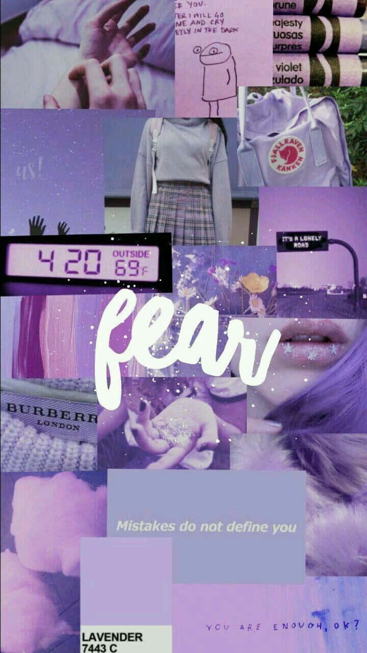 Cute Purple 桌布 壁紙 — 以「恐懼」一詞為中心的紫色調個人物品和語錄拼貼畫。