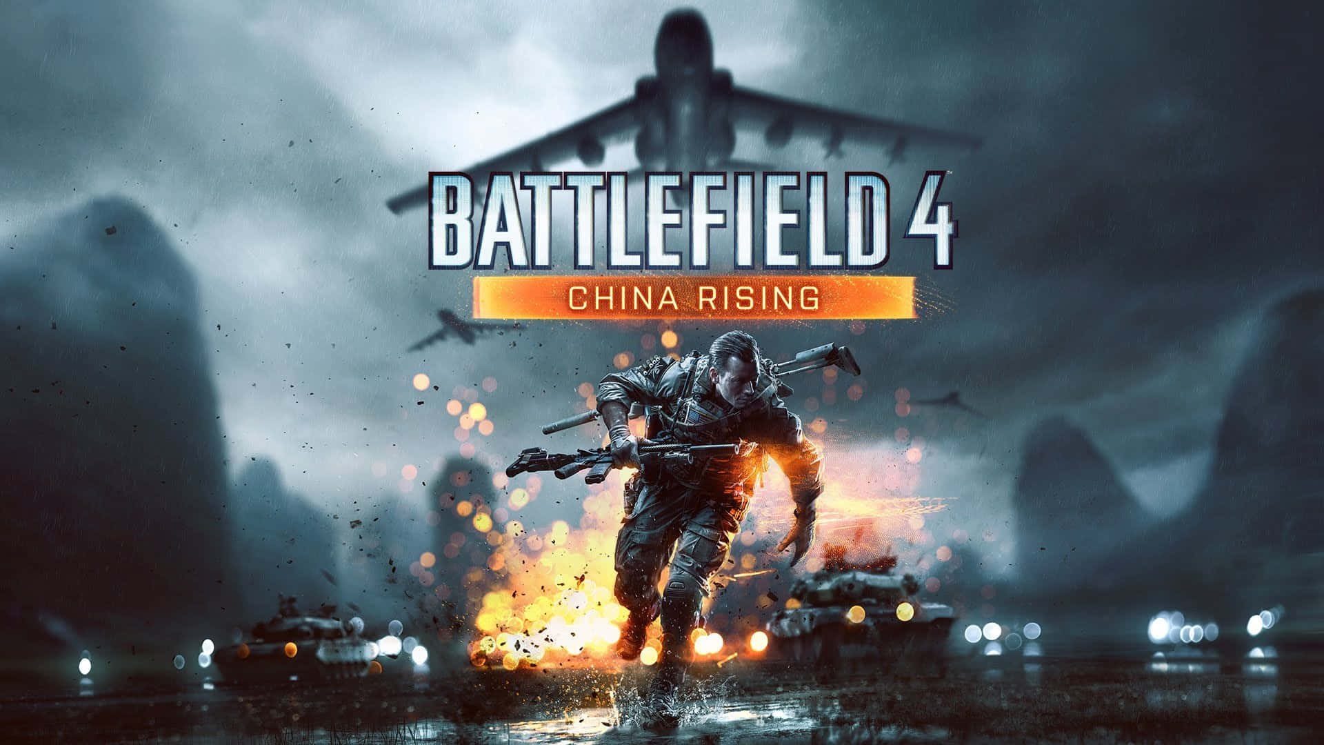 以《戰地4》征服戰場 壁紙 — 一名士兵在燃燒的爆炸中奔跑，坦克和戰鬥機在黑暗的天空下主宰著暴風雨的戰場。