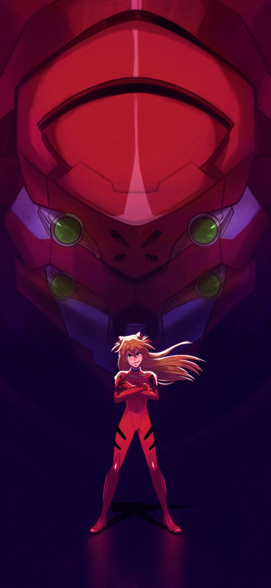 以《新世紀福音戰士》為靈感的潮流手機 壁紙 — 一個細小的動漫女孩身穿紅色衣服，挑釁地站在一個擁有發光綠色眼睛的高聳紅色機甲面前。