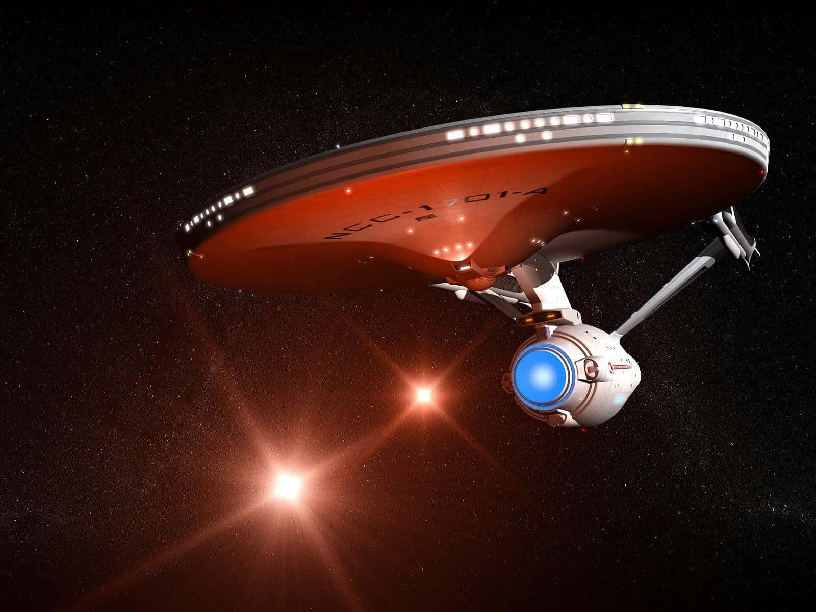 星艦NCC-1701在深空中駛過發光的紅色恆星。