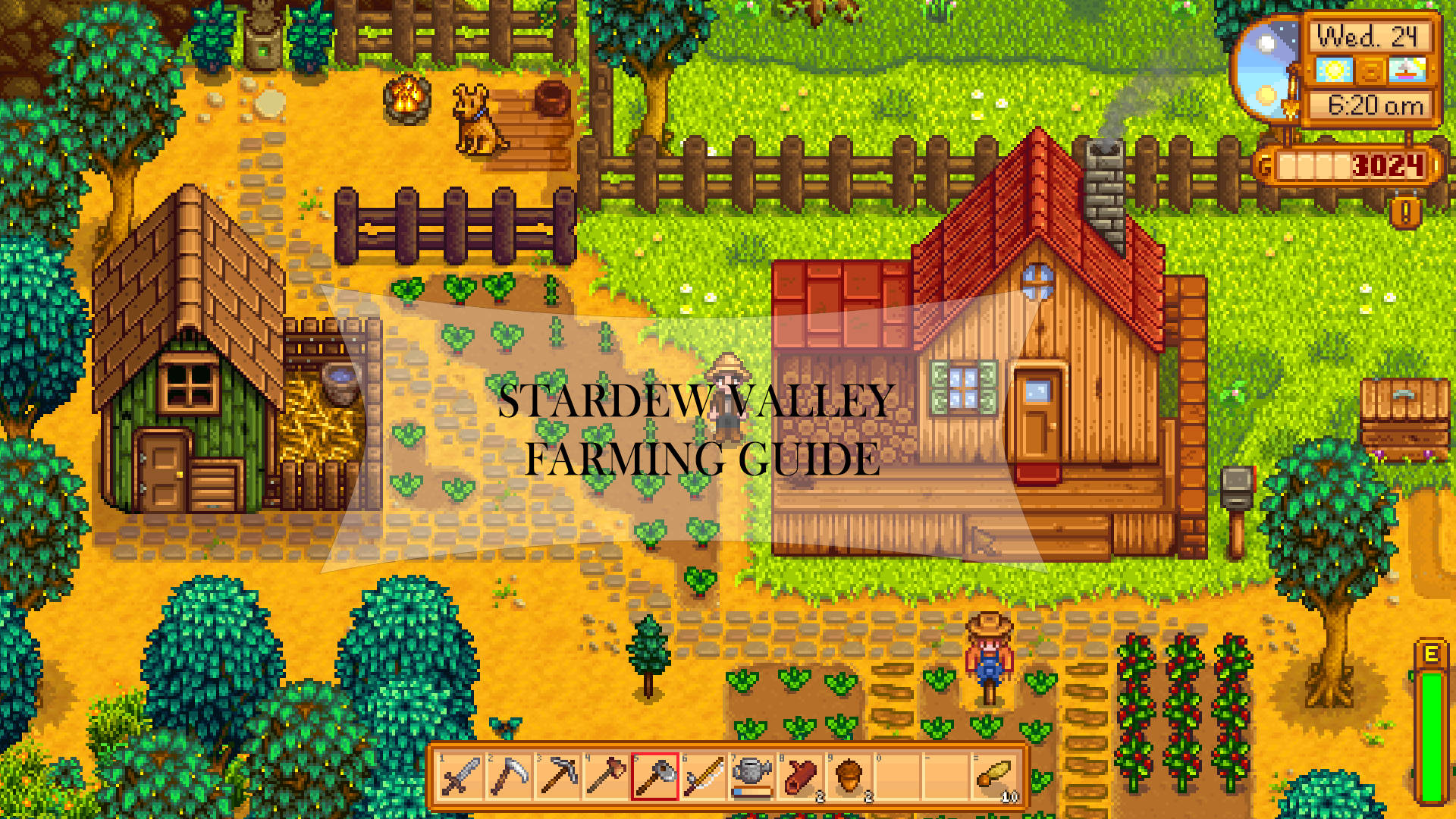 Stardew Valley 耕作指南，顯示像素化的農場，包括房屋、農作物和工具。