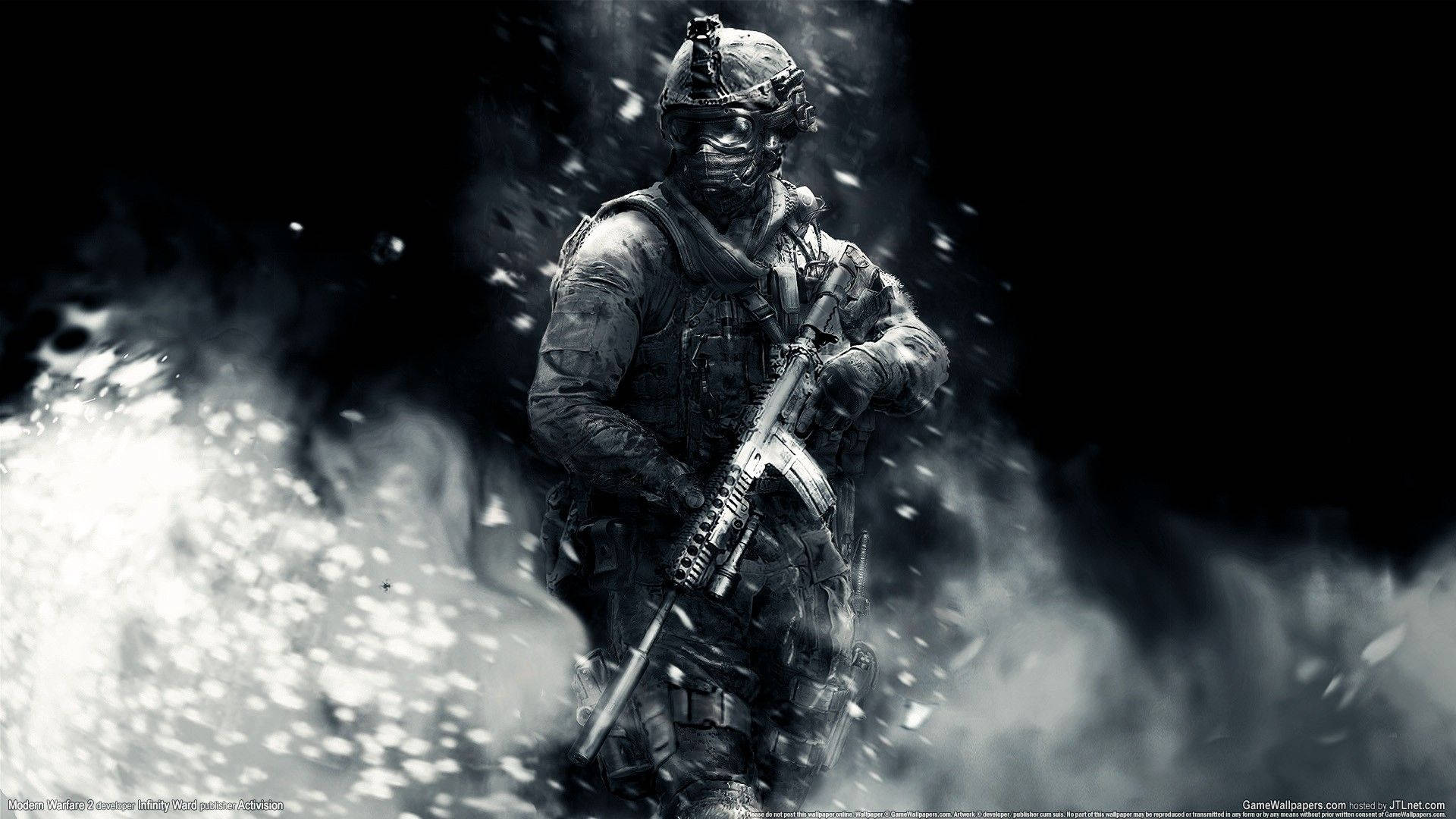 一名身穿戰鬥裝備的士兵手持步槍，被煙霧和碎片包圍。