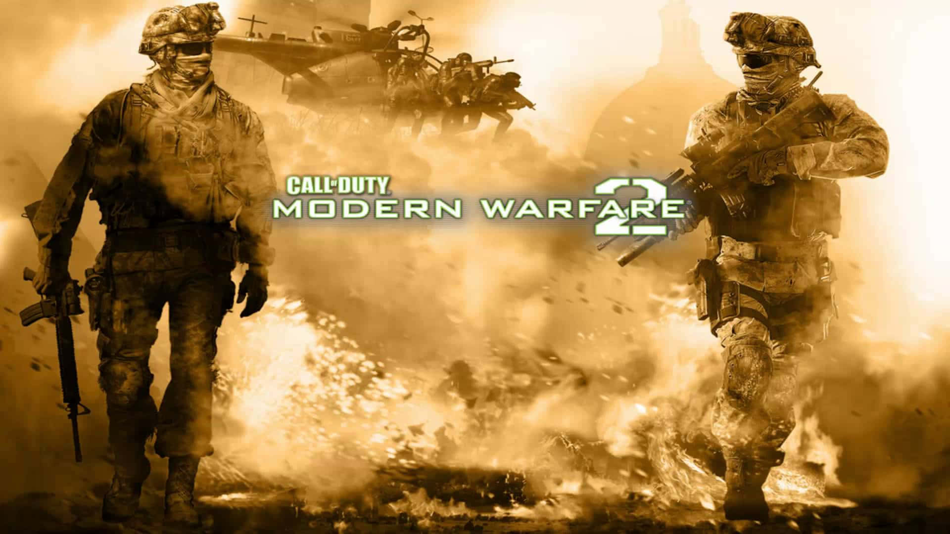 兩名身穿戰鬥裝備的士兵在直升機背景下穿過熾熱的戰場煙霧前進。