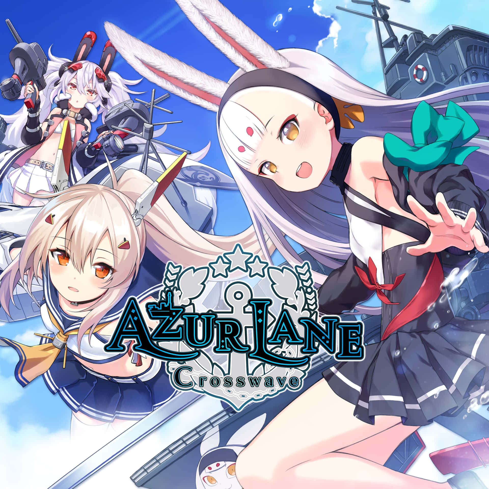 三個著水手服有兔耳嘅動漫女仔喺藍天下嘅戰艦上。