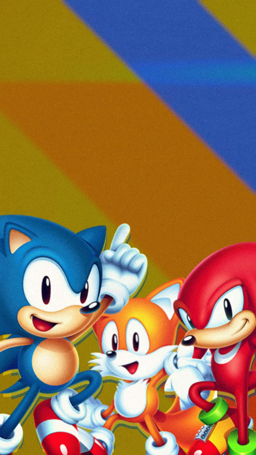 Sonic Tails 和 Knuckles 在色彩繽紛的卡通場景中微笑。