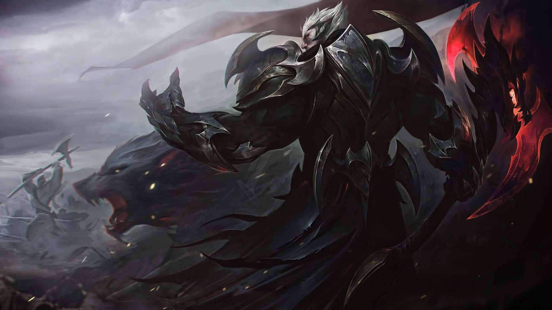 以《英雄聯盟》掌握 Rift 壁紙 — 一位白髮的黑暗裝甲戰士在暴風雨戰場上揮舞著發光的紅色刀刃對抗一隻怪獸般的狼。